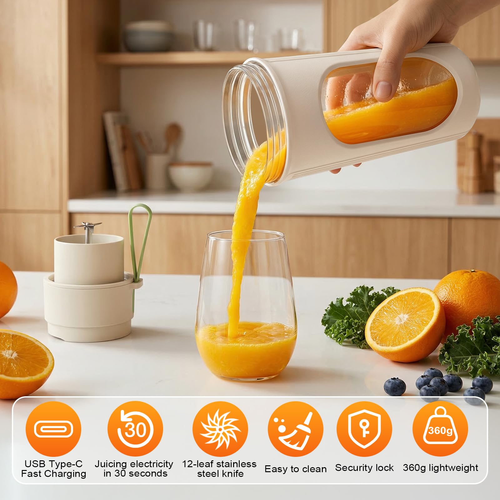 WGIDSKKI Batidora Portátil 450ml para Batidos, Mini Batidora Potente con 12 Cuchillas de Acero Inoxidable, Tapa Hermética y Recargable vía Type-C, Fitness y Hogar, Compacta, Sin BPA - Naranja — view 3