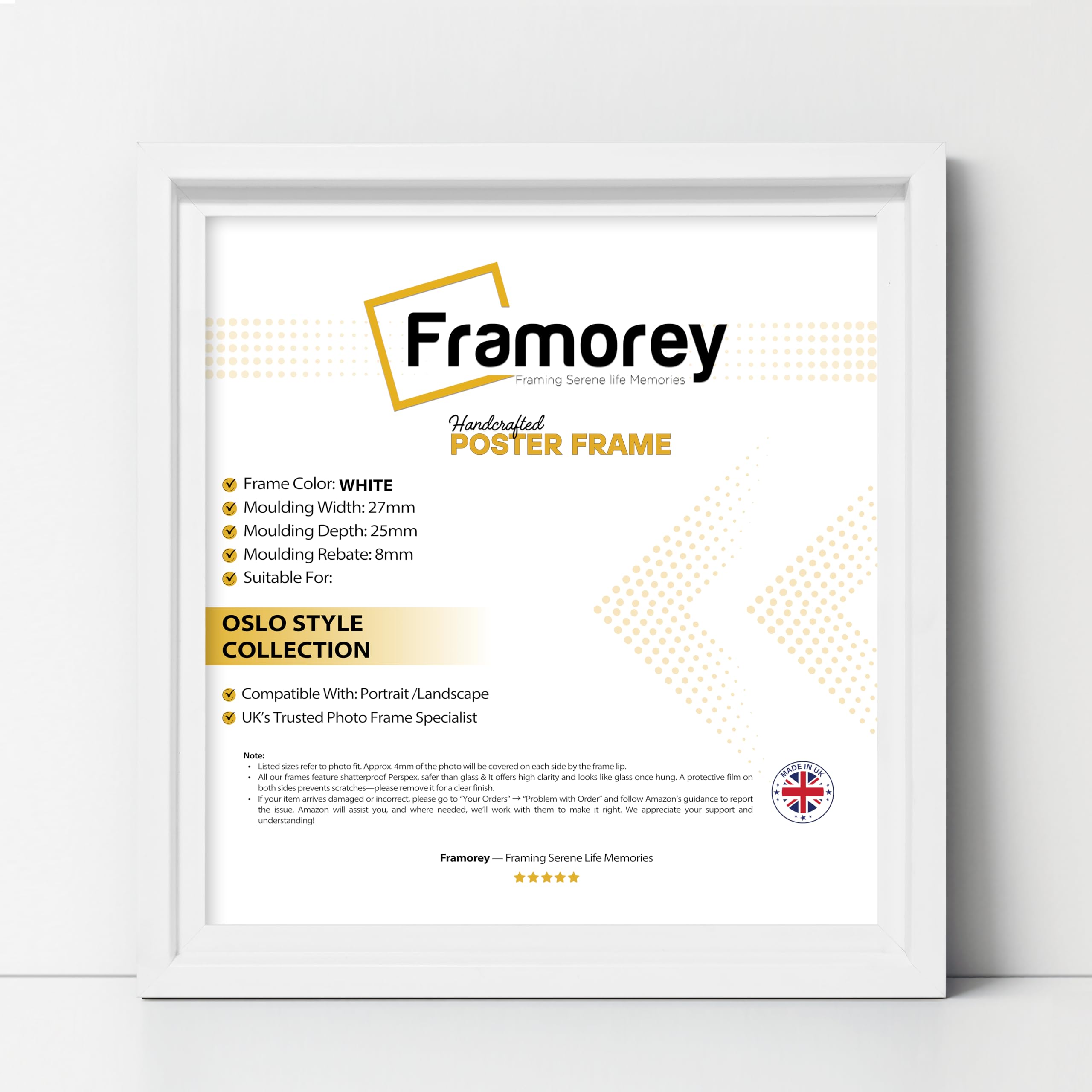 FRAMOREY Square Size Picture Frame, 45x45CM Size White Photo Frame, Oslo Style Poster Frame, With a High Clarity Styrene Shatterproof Perspex Sheet