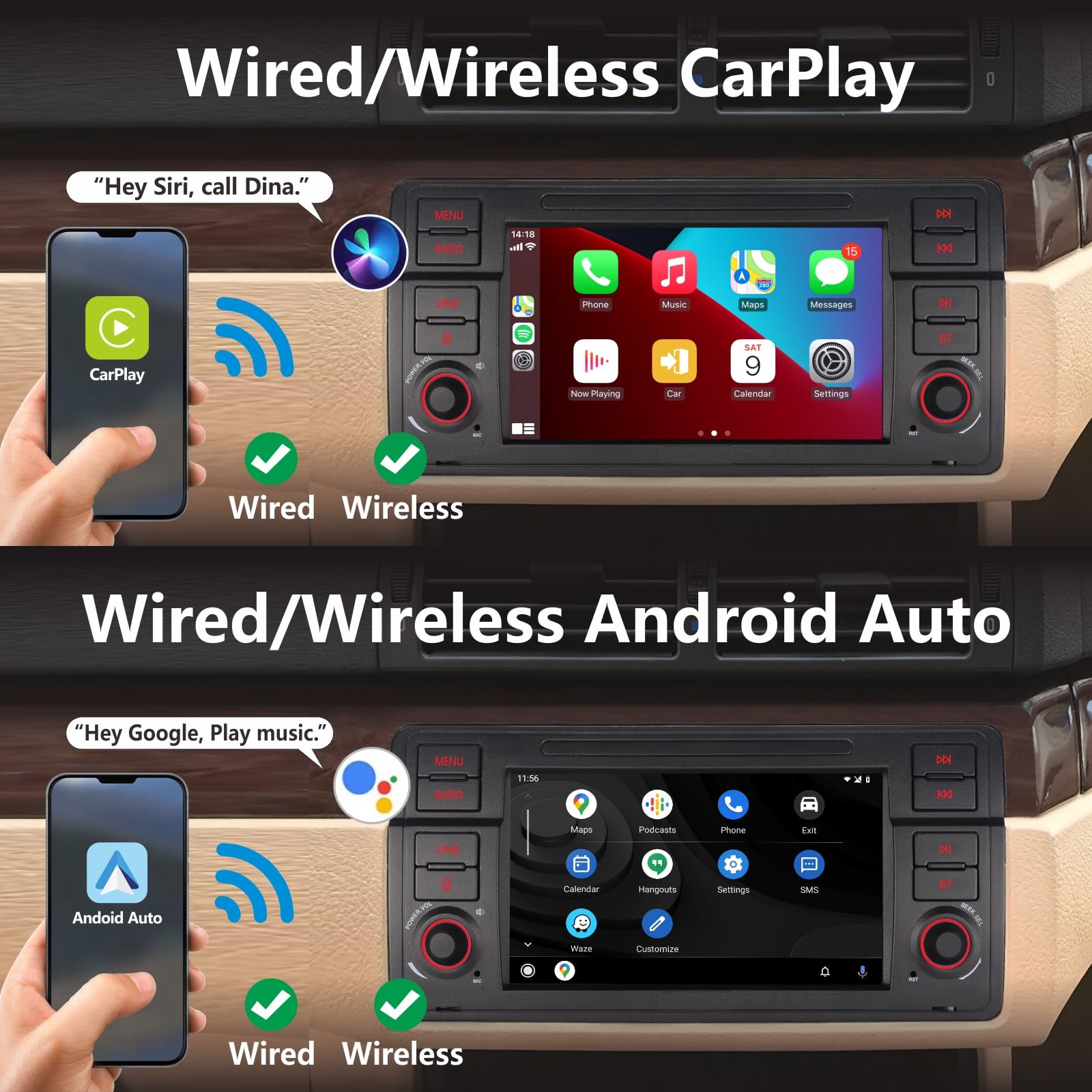 Autoradio pour BMW E46 Compatible avec sans Fil Carplay Android Auto avec 7 Pouces IPS Écran Tactile Bluetooth/FM/AM/Mirror Link/USB/EQ