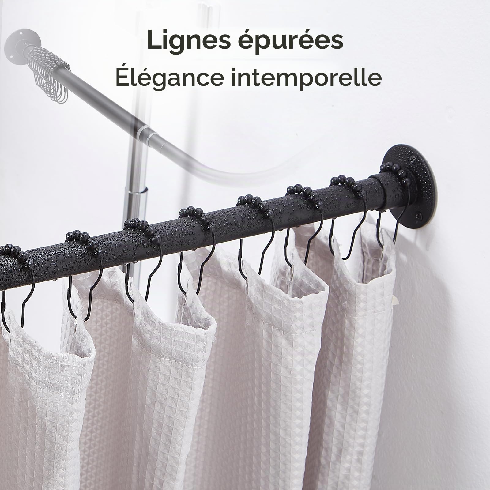 Barre de Douche d'Angle en L Réglable [62-121 cm] x [62-121 cm], avec 12 Crochets et Support de Plafond pour Baignoire ou Salle de Bain - Noir Mat