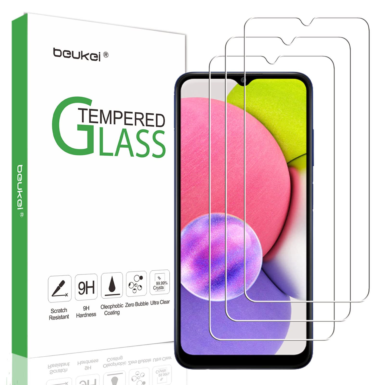 beukei (3 Pack) Compatible for Samsung Galaxy A03s / Galaxy A03 Core/Galaxy A03 Screen Protector Tempered Glass, Touch Sensitive,Case Friendly, 9H