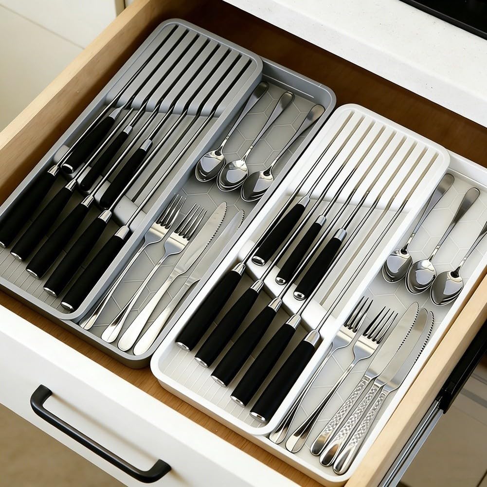 Organizador de cajones para utensilios de cocina, organizador de cubiertos de cocina extraíble, caja de almacenamiento para utensilios, soporte multiusos, diseño de ahorro para tenedores, cucharas