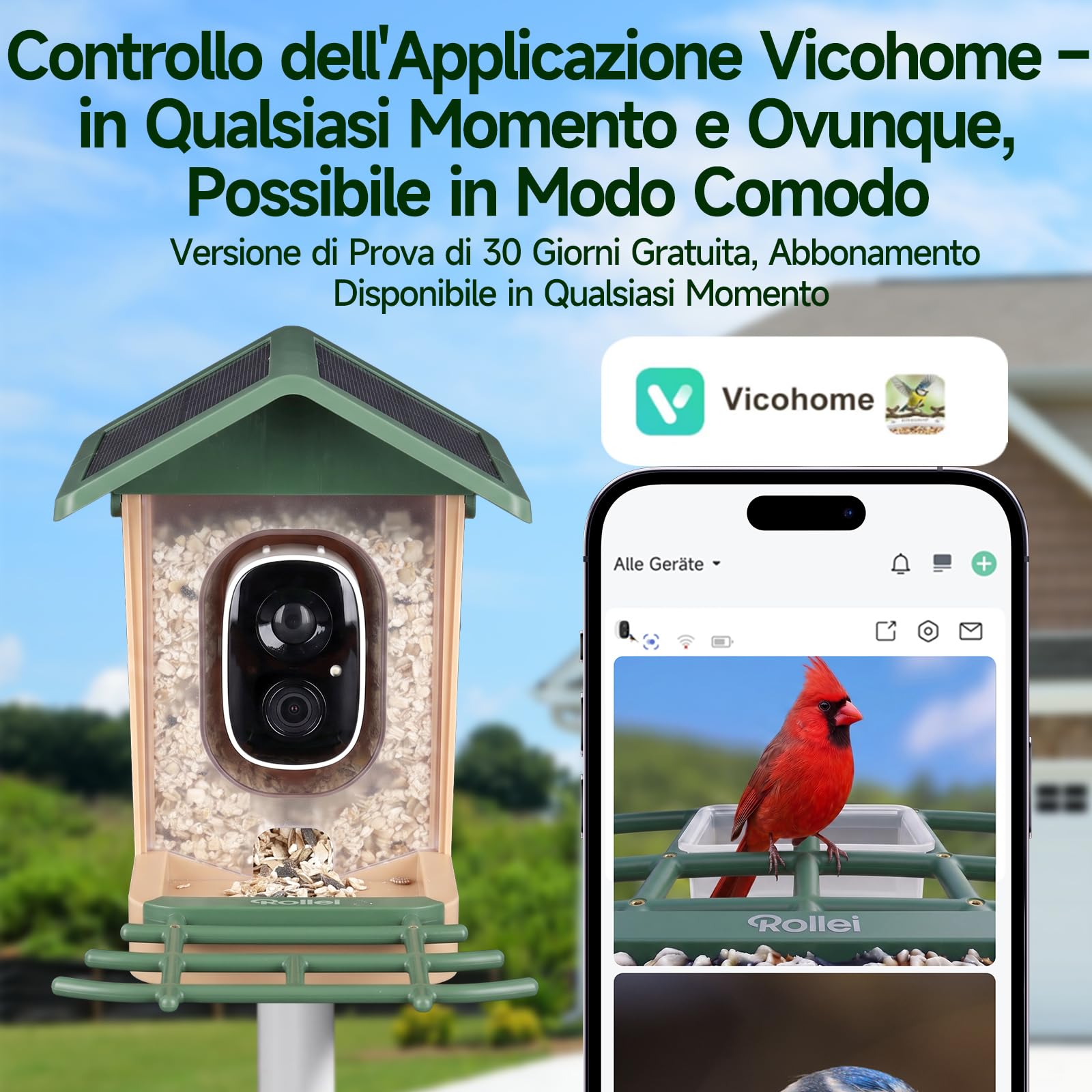 Rollei Mangiatoia per Uccelli Intelligente con Telecamera 3K Smart Bird Feeder da Esterno con Pannello Solare AI Identificazione di 10000 Uccelli Visione Notturna a Colori Notifica Istantanea IP65
