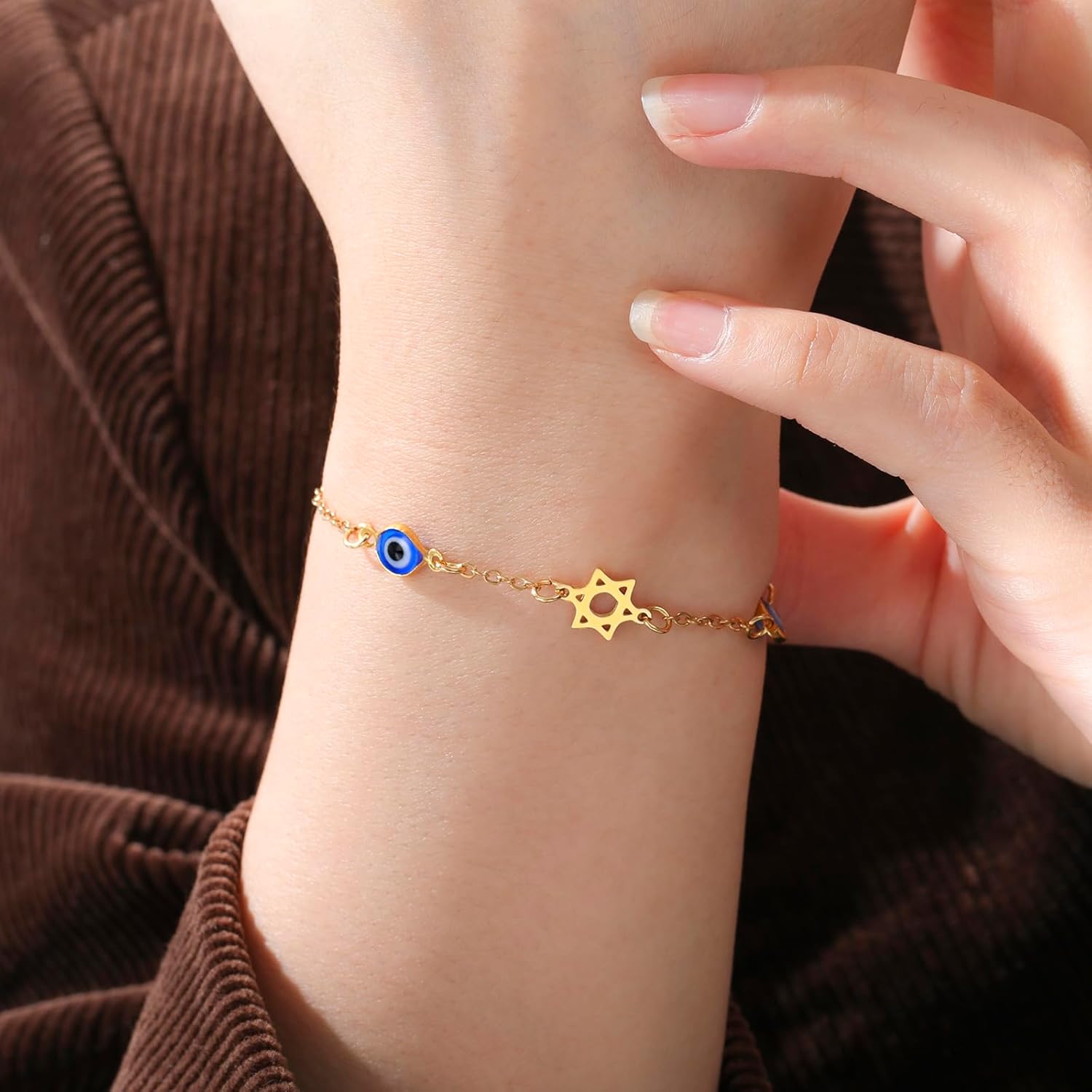 Evil Eye Bracelet for Women Stainless Steel Star of David Chai Bracelet Dainty Adjustable Jewish Protection Lucky Charm Jewelry for Daily Wear Hanukkah Gift - Image 5