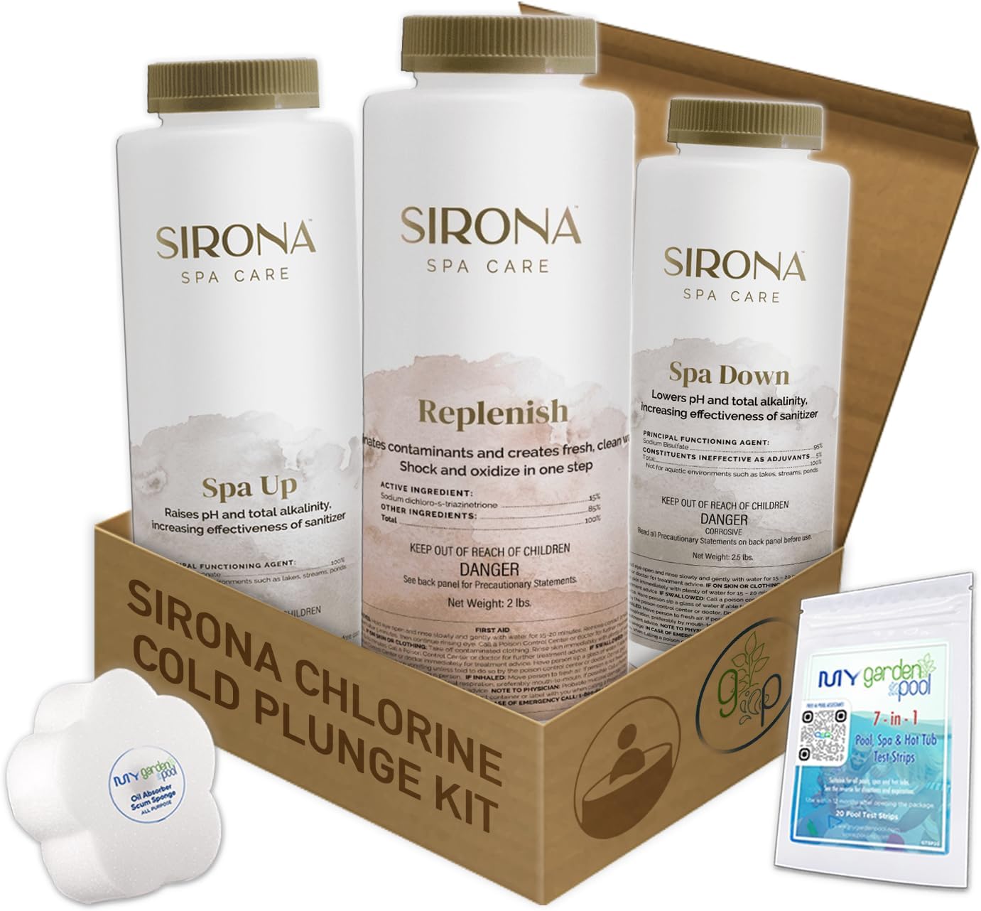 Sirona Chlorine Cold Plunge Kit – Spa Up, Spa Down, Replenish (Balancers & Oxidizer) – with My Garden Pool Scum Sponge & 7-in-1 Pool & Spa Test Strips (20 ct) – Water Balance for Cold Plunge Tubs