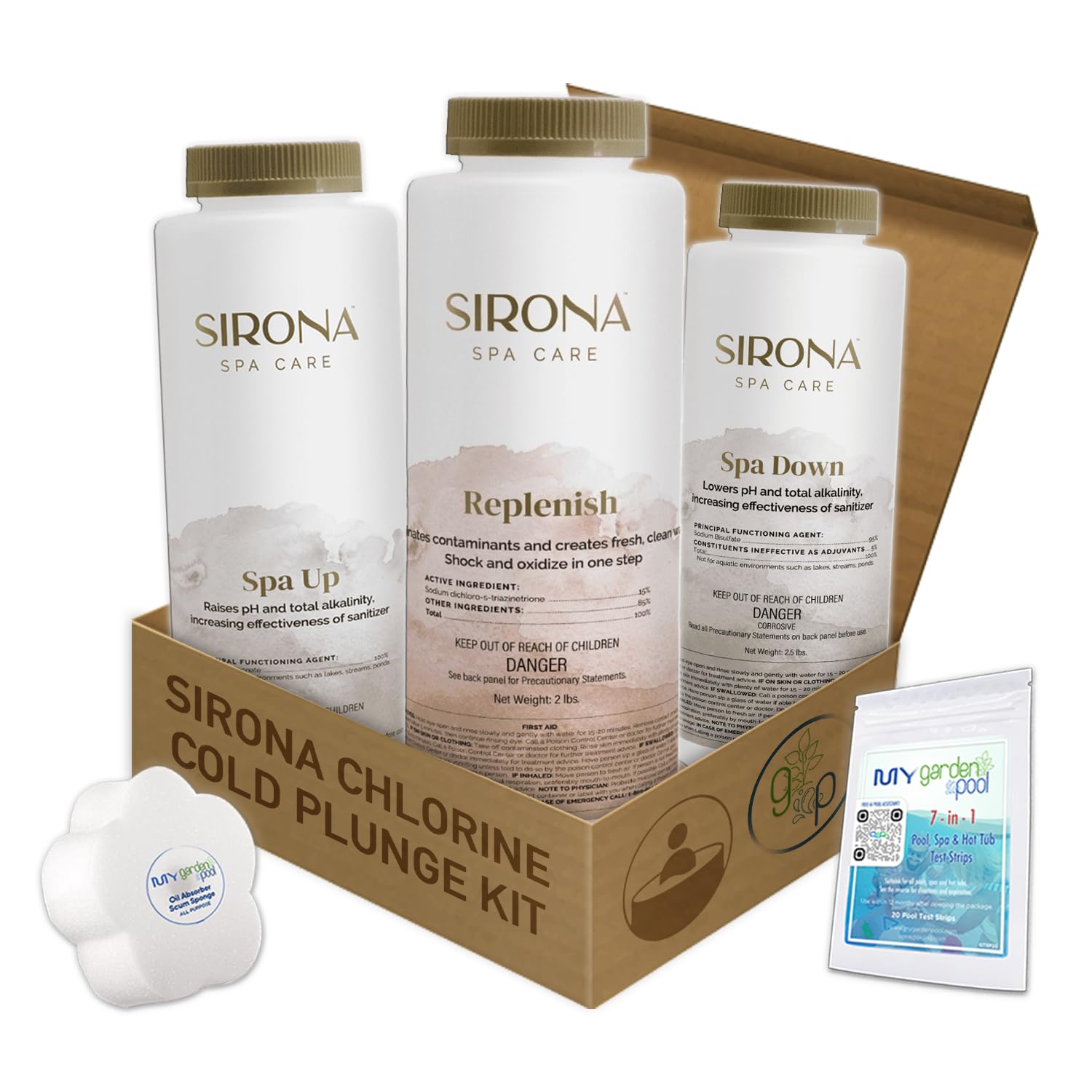 Sirona Chlorine Cold Plunge Kit – Spa Up, Spa Down, Replenish (Balancers & Oxidizer) – with My Garden Pool Scum Sponge & 7-in-1 Pool & Spa Test Strips