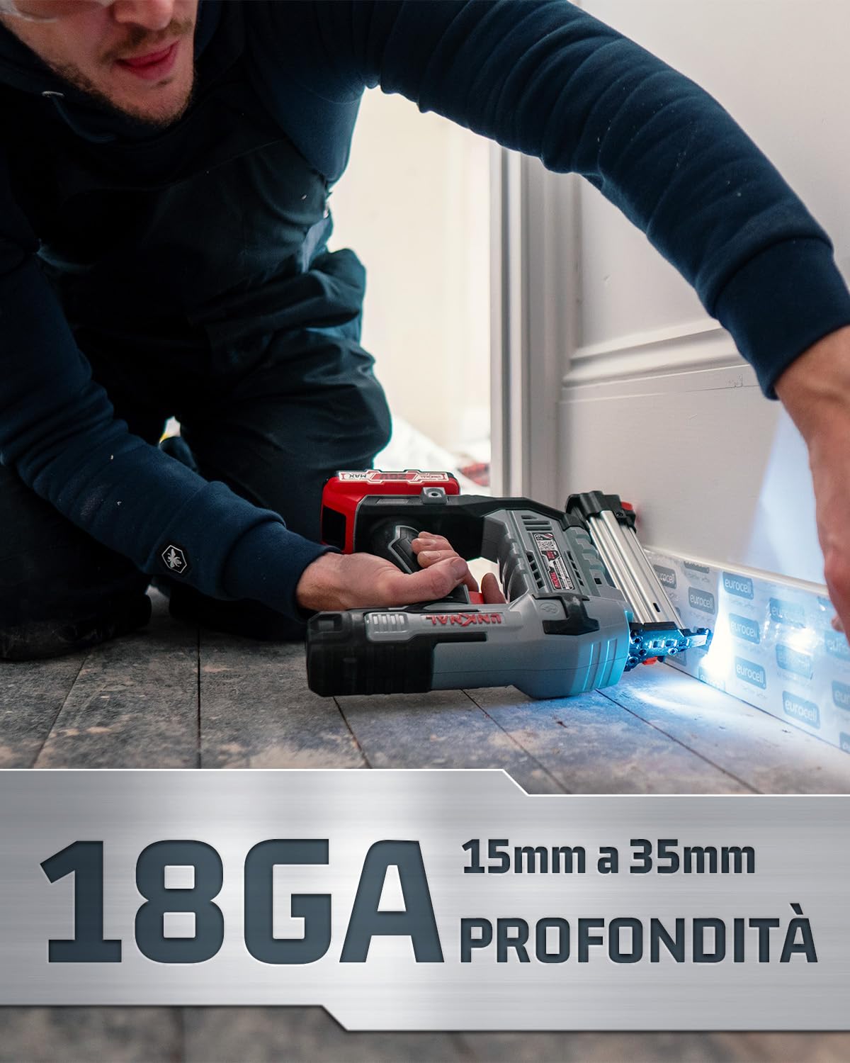 LINKNAL - Pistola elettrica per unghie, senza fili, alimentata a batteria, calibro 18, 2 batterie agli ioni di litio max 20 V, caricabatterie e 1000 chiodi inclusi (L820-BN)