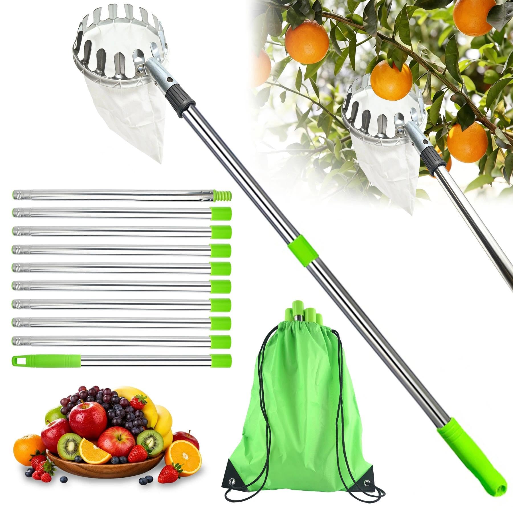 4 m recogedor de cerezas, recogedor de manzanas con mango telescópico, recogedor de frutas para cerezas, recogedor de frutas telescópico, ayuda para recoger frutas con acero inoxidable ligero