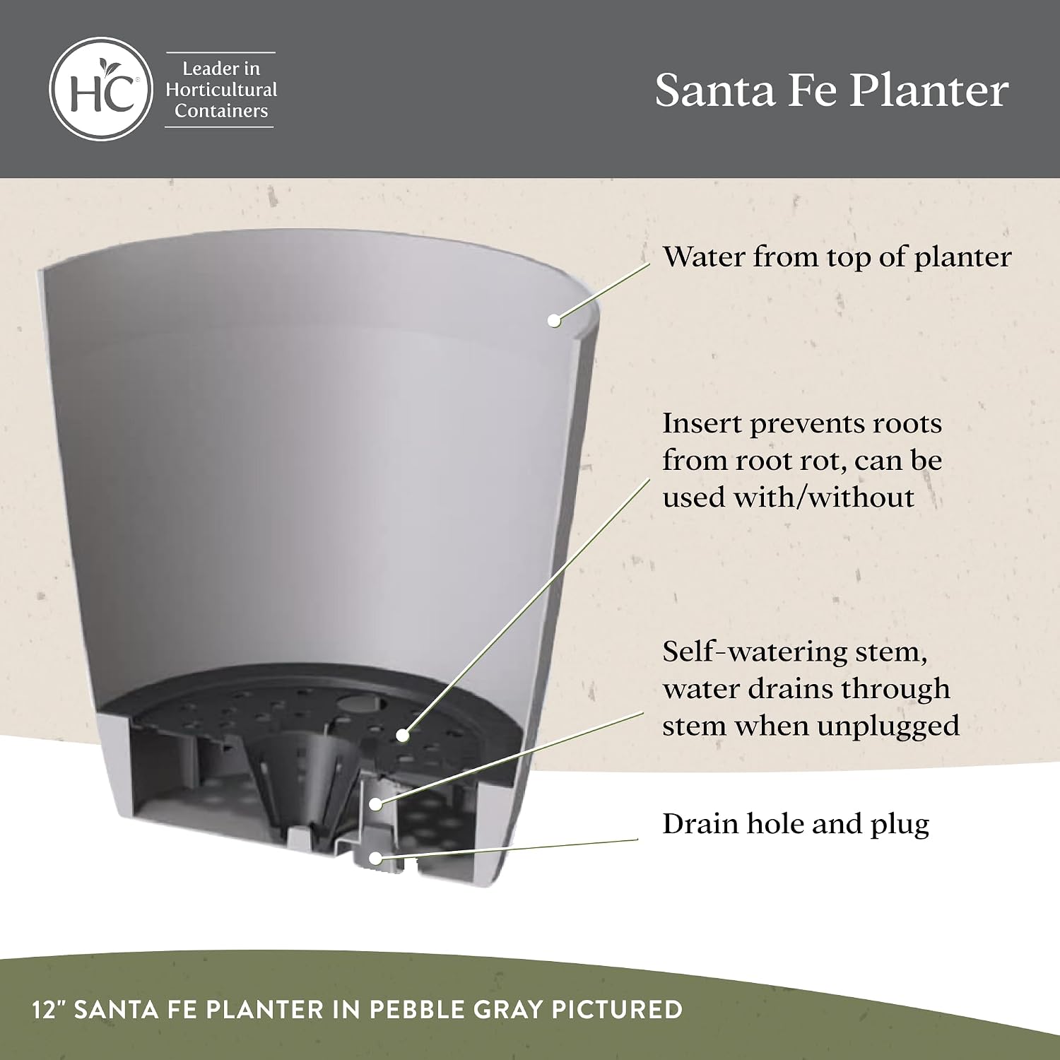 The HC Companies Santa Fe Round Self-Watering Pot - Lightweight Plastic Planter for Herbs & More - Durable Plant Pots for Indoor Plants & Outdoor Plants (16" Pebble Gray, Pack of 2)