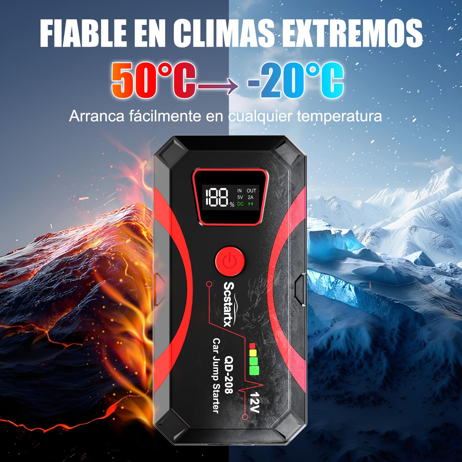 Arrancador de Batería para Coche, Batería Portátil 2000A de Corriente Máxima para Motocicletas y Vehículos de hasta 8L Gasolina y 6L Diésel, Linterna con 3 Modos y Puentes de Seguridad
