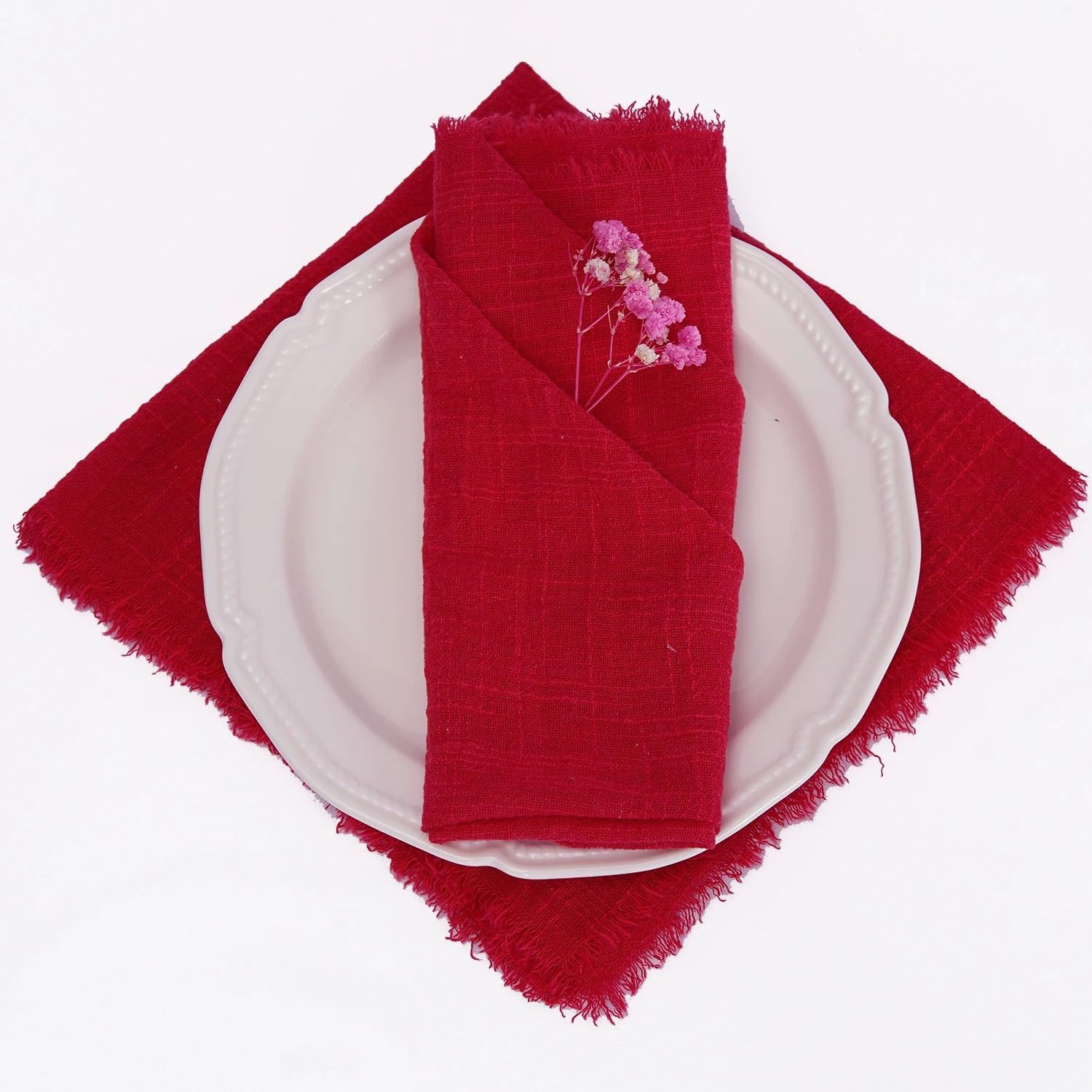 Napkins, 10pcs 32x32cm Gauze Cotton Napkins,Retro Burrs For Wedding Party Table Decoration(Red)