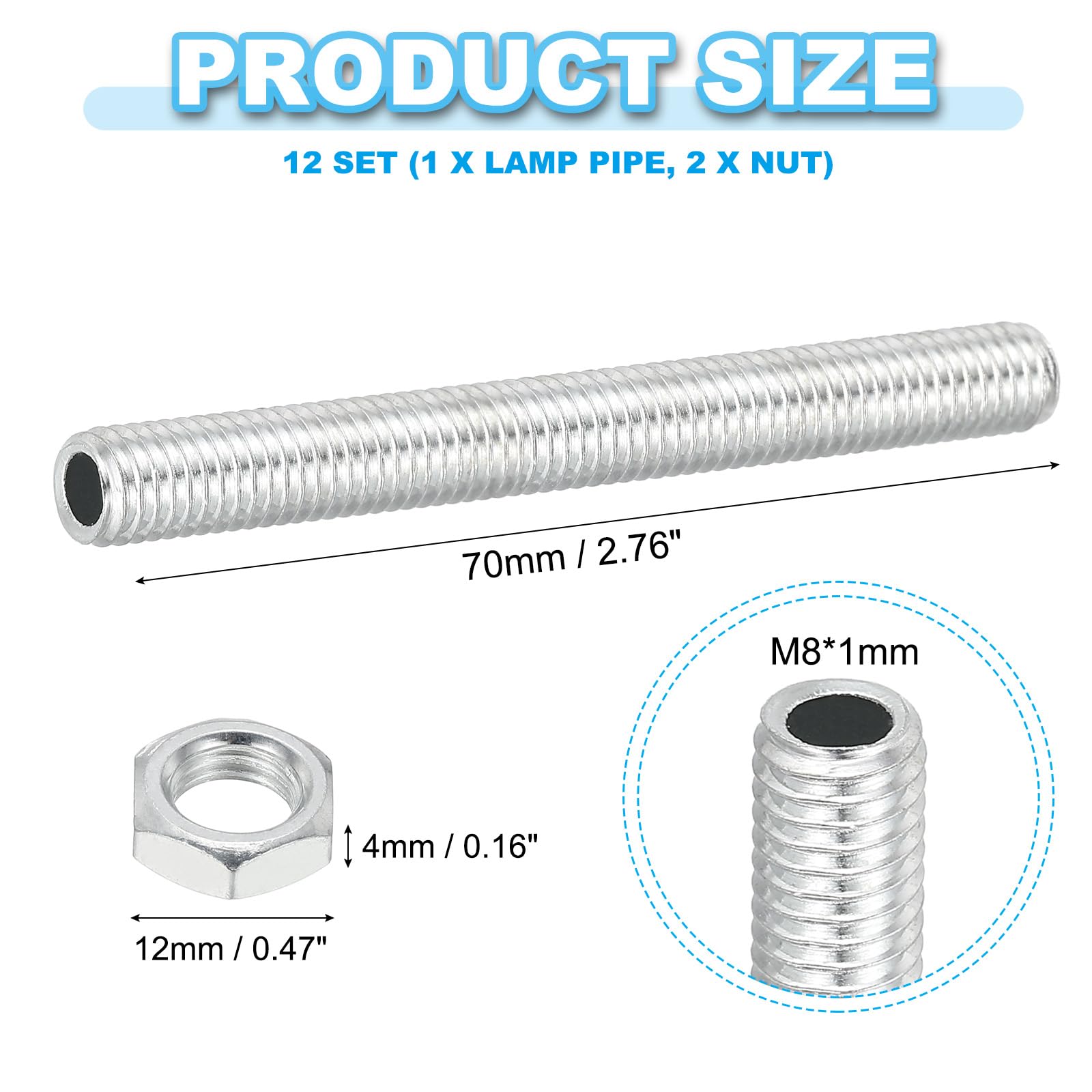 PATIKIL M8 Fine Thread Carbon Steel Lamp Pipe With Nut, 12 Set 70mm/2.76" Hollow Tube Thread Adapter Fasteners Hardware for Lamp Lights Chandelier Ceiling Light DIY, White Zinc Plating - Image 2