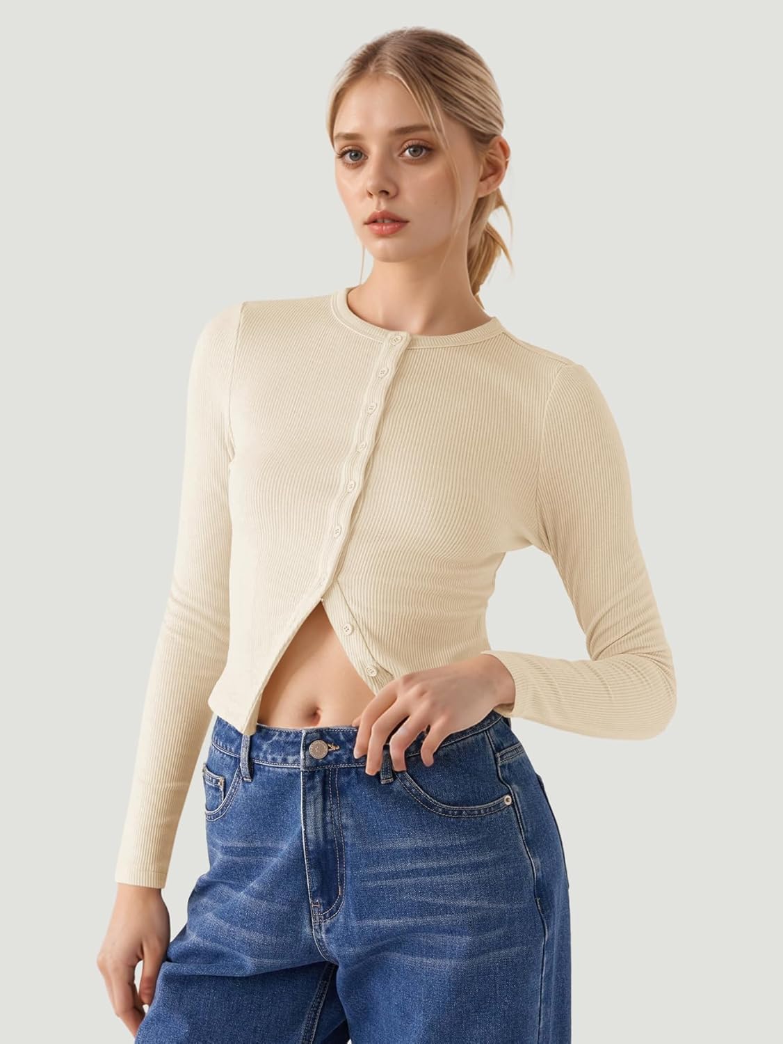 Ribbed Button Down Cardigan for Women, Long Sleeve Button Up Fall Knit Going Out Cropped Tops - Image 2