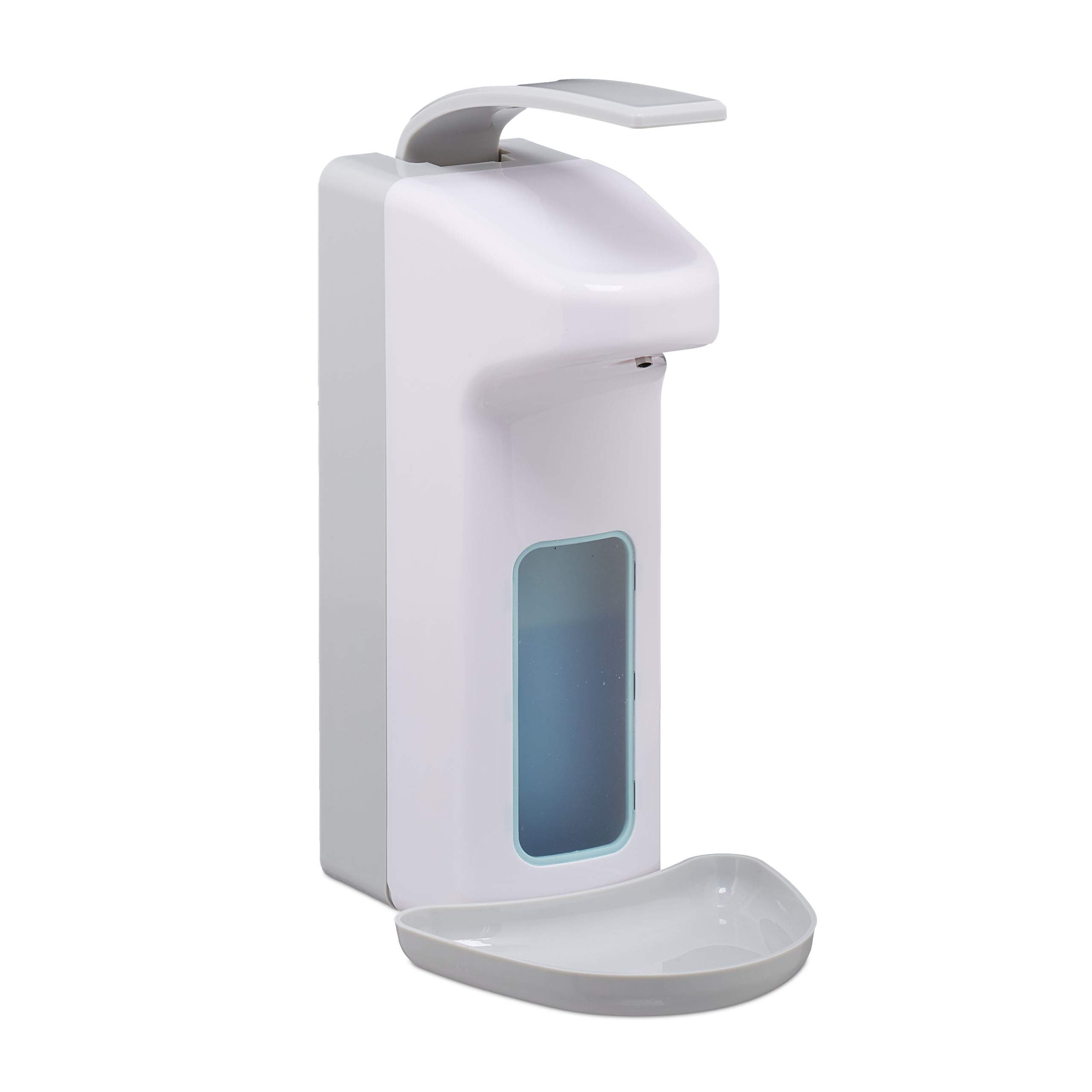 2 Dispensadores de Jabón para Pared, 1000 ml, Bandeja Goteo, Dosificador Desinfectante, Palanca Brazo, ABS, Blanco
