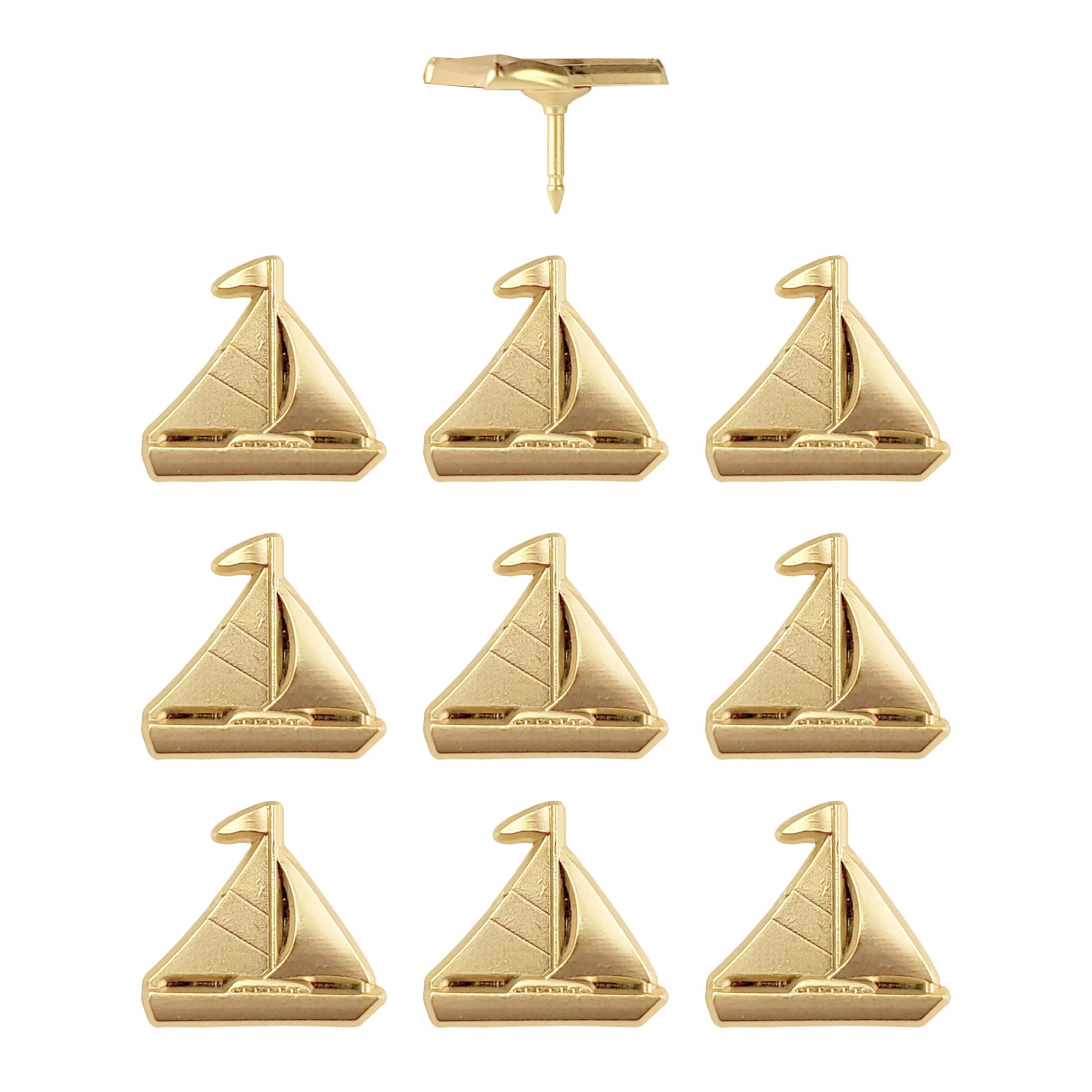 Sailboat Push Pins - Gold Sailing Pins - for Cork Board, Maps, or Lapel Pin Use - Designed in USA - Set of 10