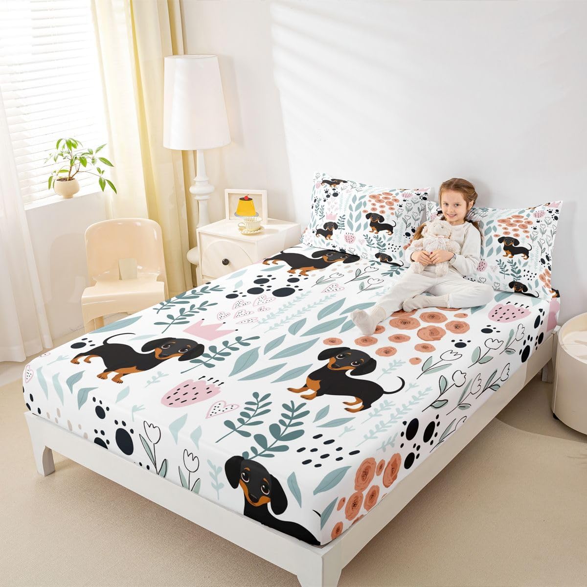 Erosebridal Kawaii Dachshund Bed Sheets Full,Cartoon Puppy Dog Bedding Set for Kids Girls Boys,Cute Love Heart Leaves Flowers Fitted Sheet,Paw Print Animal Sheets with Flat Sheet 4Pcs