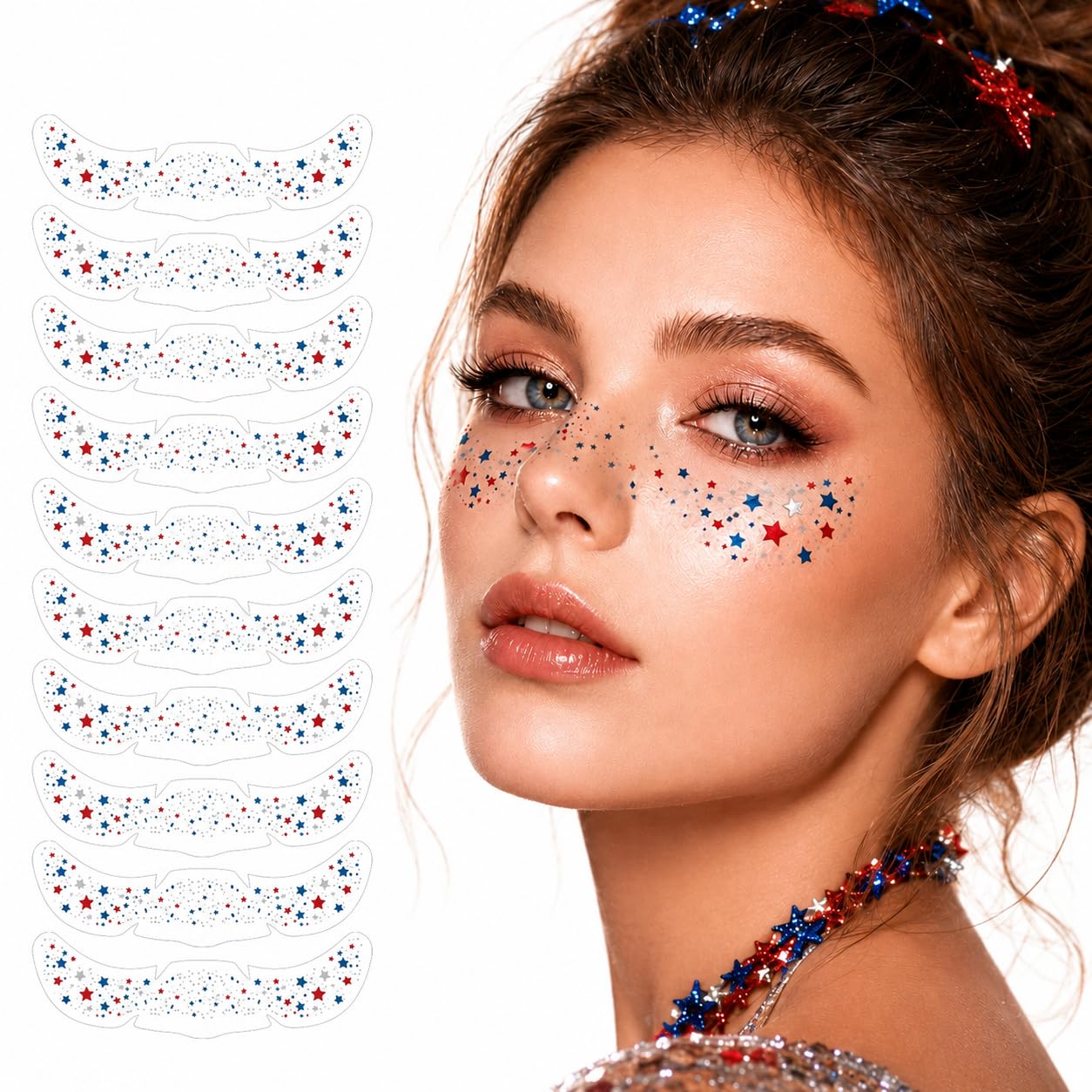 4th of July Outfits for Women,10 Pcs Red White Blue Face Tattoos Patriotic Body Glitter Stickers Star Freckle Face Stickers, Independence Day Makeup 250 Anniversary USA Merchandise