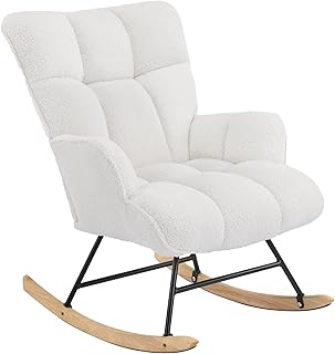 Aunekiv Rocking Chair for Nursery, Teddy Upholstered Glider Nursing Chair for Adults, Comfy Rocking Armchair Indoor for Living Room Bedroom, White