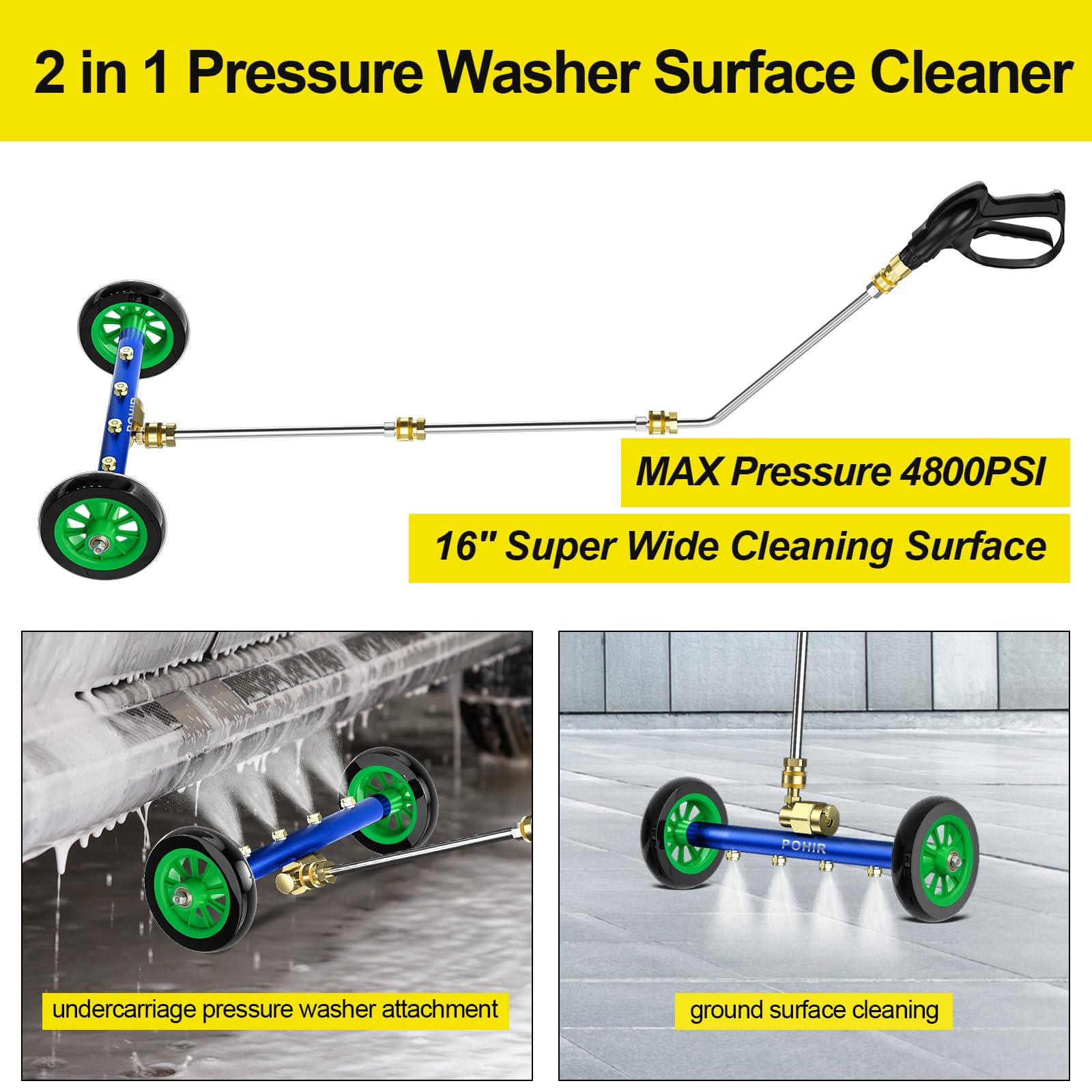 POHIR Spazzola per idropulitrice per sottocarro Pro Max 40,6 cm, scopa ad acqua con 3 bacchette di estensione e accoppiatore girevole a connessione rapida, 4800 psi, rondella auto 2 in 1