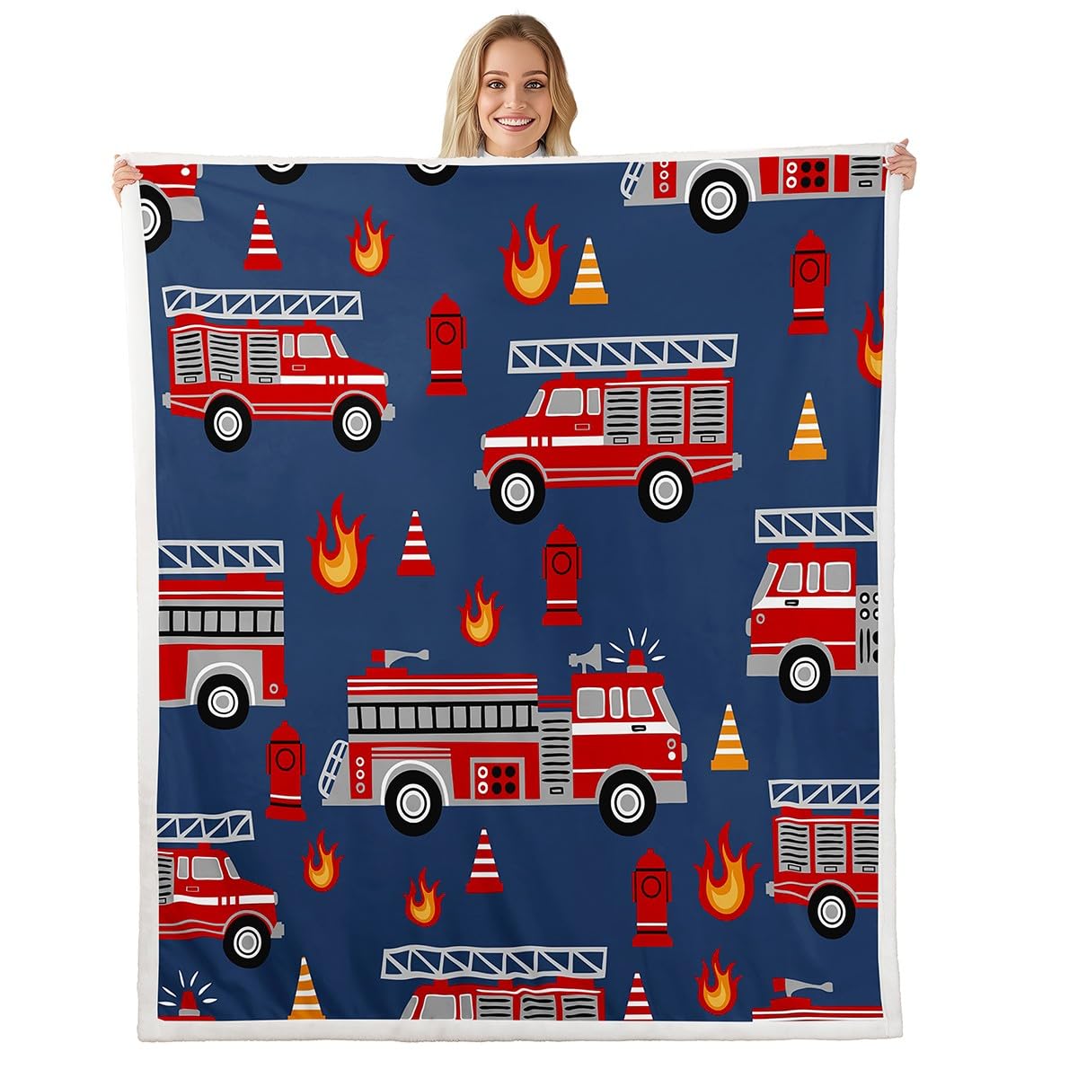 Cartoon Car Sherpa Blanket Fire Truck Fleece Throw Blanket for Bed Sofa Couch Kids Firefighter Plush Blanket Firemen Car Vehicle Fire Engine Blue Red