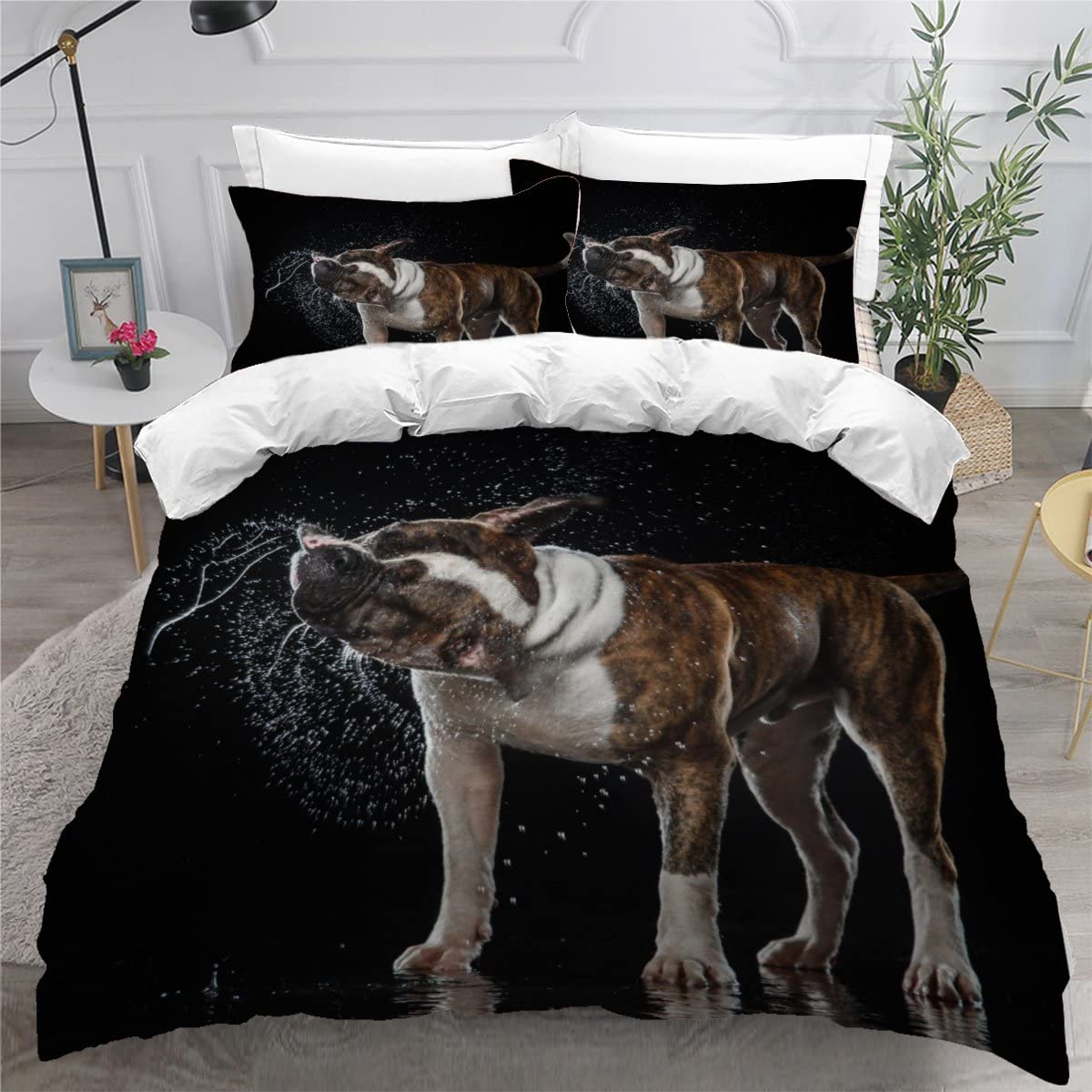 Housse de couette bouledogue noir parure de lit 2 personnes 220x240 avec fermeture éclair microfibre
