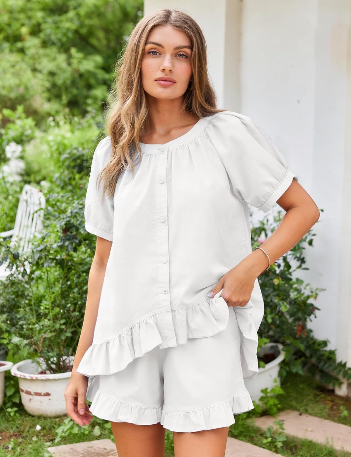 Flygo Womens Pajamas Set 2 Piece Cotton Ruffle Pj Lounge Sets Cute Puff Sleeve Babydoll Top Shorts Sleepwear Summer Outfits