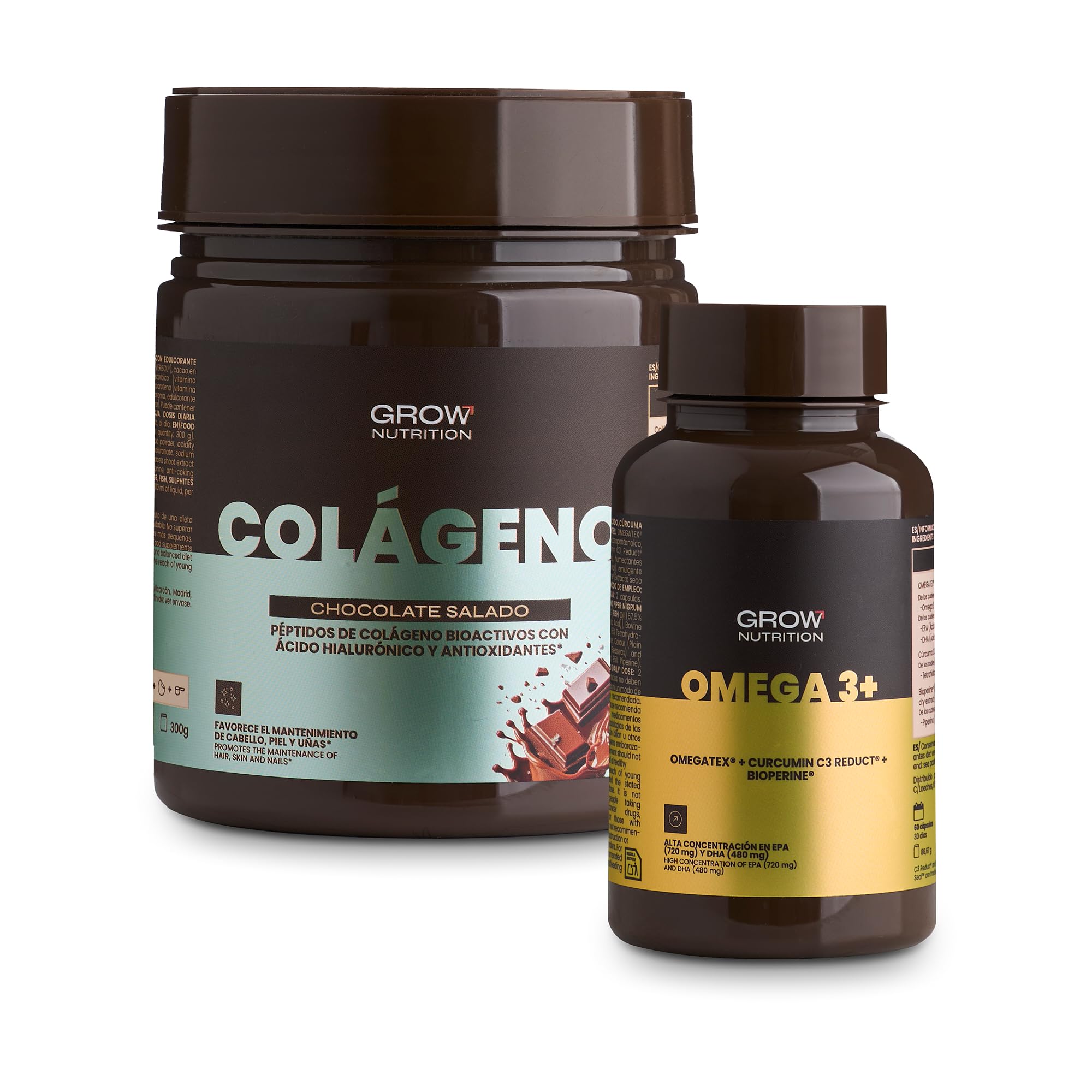 Grow Wellness Lote Omega 3+ OMEGATEX 60 Cápsulas + Colágeno Chocolate Salado 300 g | VERISOL, Ácido Hialurónico, Biotina y Vitaminas