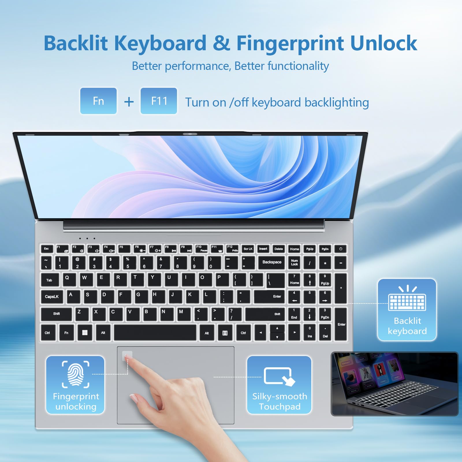 Ordenador Portátil Win 11 15,6" Full HD IPS 16GB RAM 1TB SSD Procesador Celeron N5100 (hasta 2,8 GHz) PC Portátil Teclado Retroiluminado con Lector de Huellas WiFi5 BT 4.2 HDMI USB 3.0 Batería 5000mAh
