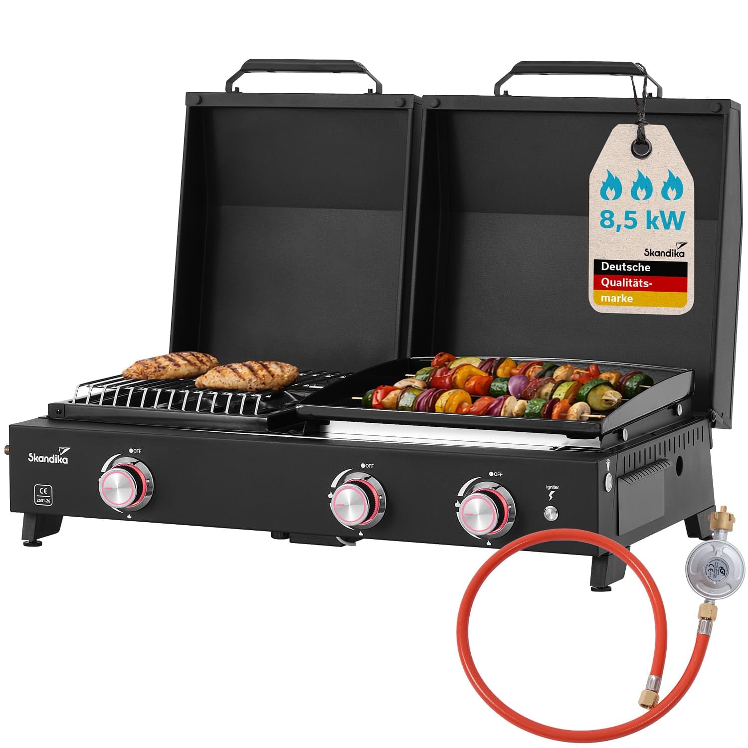 Skandika Plancha Grill Eldur 3-Brenner Plus | Grillplatte mit Deckel, 3 Brenner, tragbarer Gasgrill mit Kochplatte, Outdoor, Camping | Gasplancha, Grillplancha, Gasbräter, Balkongrill, Tischgrill