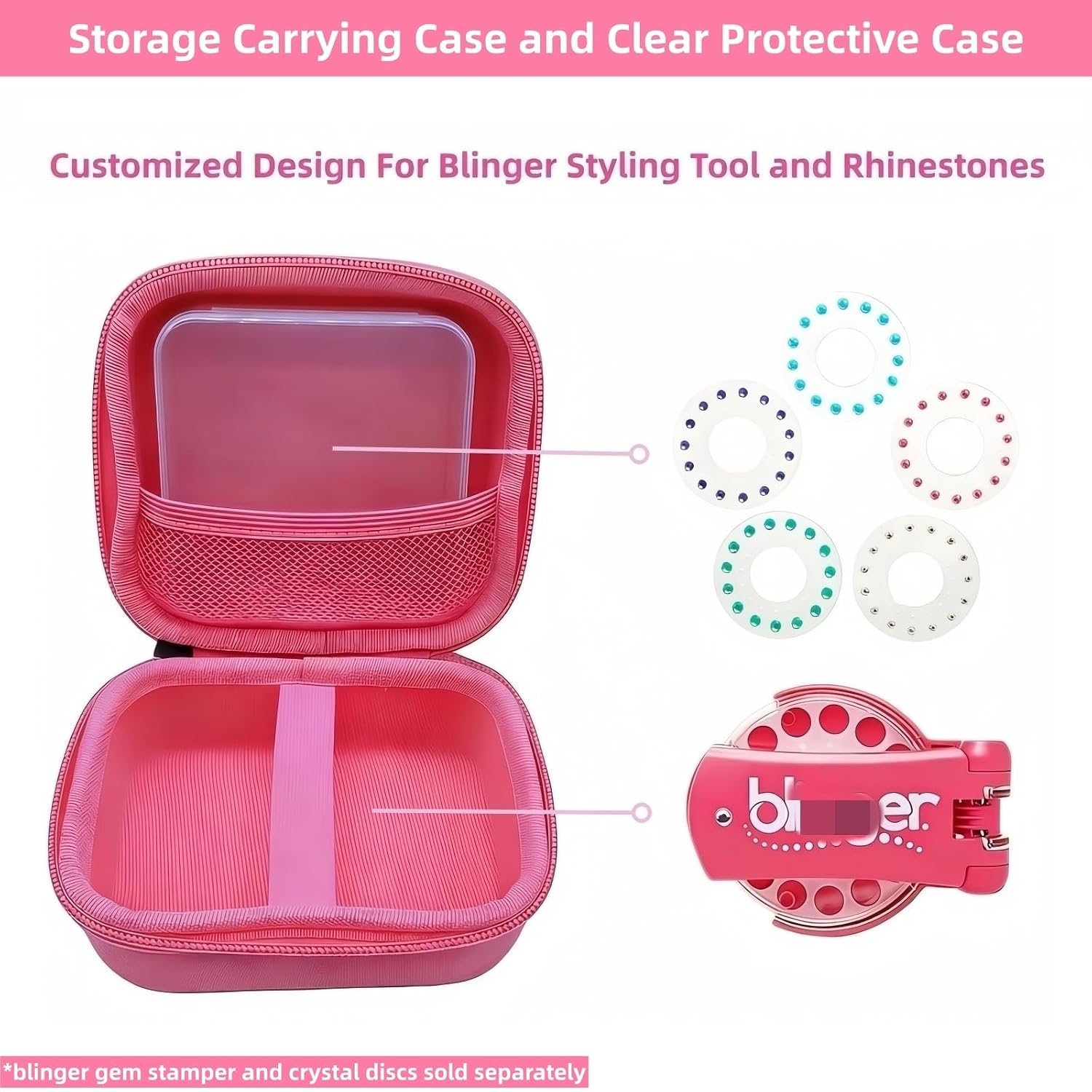 Storage Case for Blinger Diamond Starter Set, 2-in-1 EVA Organizer with Removable PP Gem Box, Kids Hair Styling Tool Travel Kit for Press Tool & Acrylic Gems (Only Case) (Pink)
