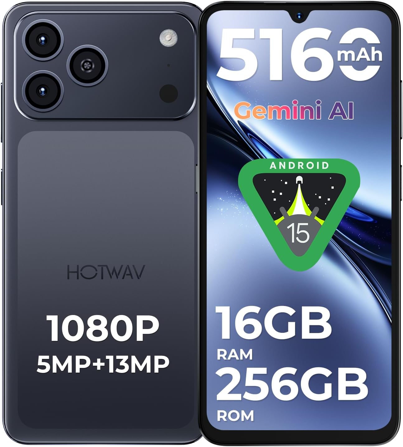 HOTWAV A17 Pro MAX Telefono Movil (2026) 16GB + 256GB 1TB Telefonos Moviles Libres, Batería 5160mAh, 6.75″ HD+ Pantalla Android 15 Smartphone, Cámara 13MP+5MP, 4G Dual SIM/WiFi 6/Face ID/OTG/GPS