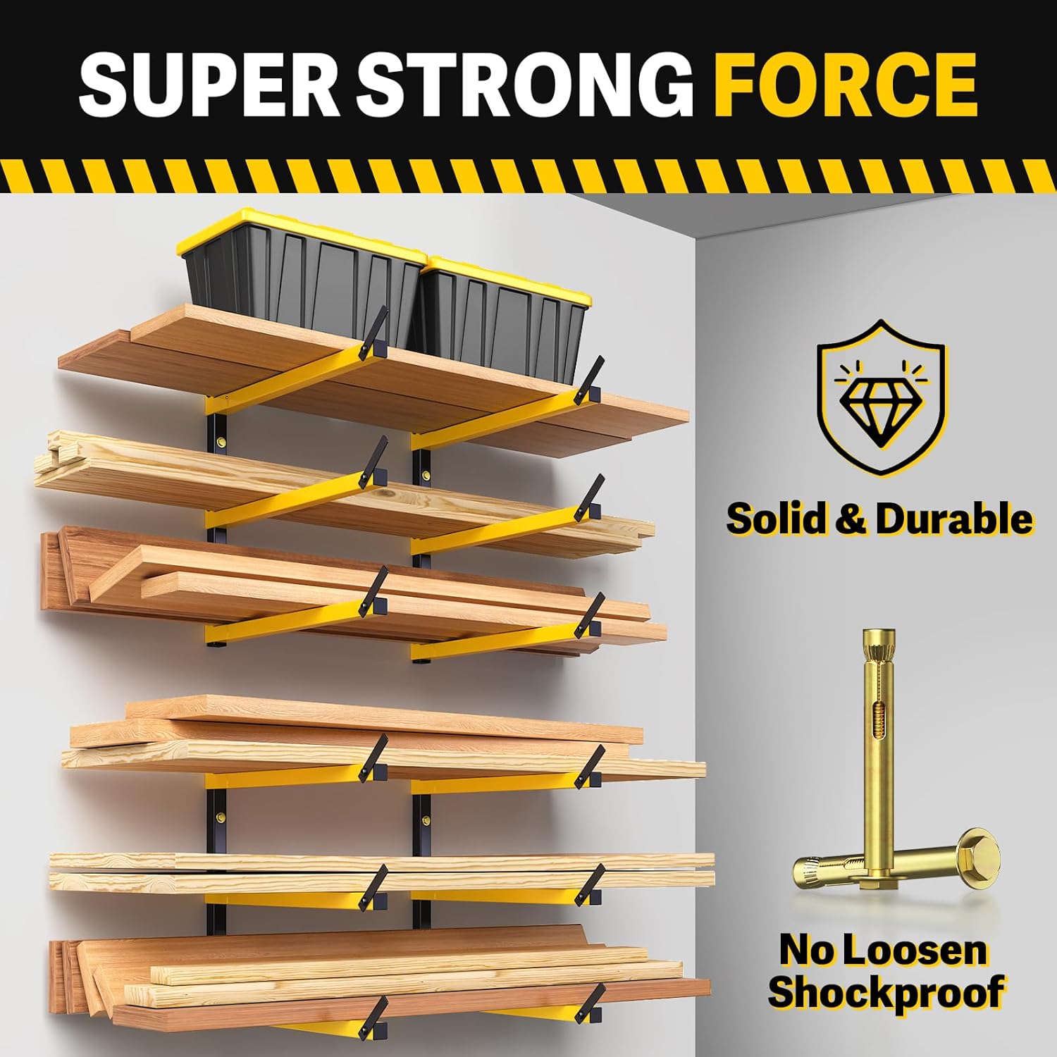 GREENER Lumber Storage Rack Folding Wood Storage Racks Wall-Mounted Metal Racks for Storage with 3-Level Heavy Duty Garage Wood Organizer for Woodworking Shop Indoor & Outdoor Use, 4 pairs,Yellow - Image 5