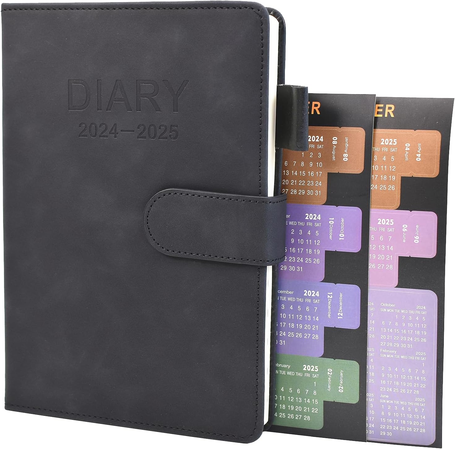 Academic Diary 2024-2025 A5 Day Per Page, Faux Leather 2024-2025 diary from Jul. 2024 to Jun.2025, Productivity A5 Daily Planner with Monthly Tabs Sticker, 2 Bookmark, Pen Loop and Inner Pocket（Black）