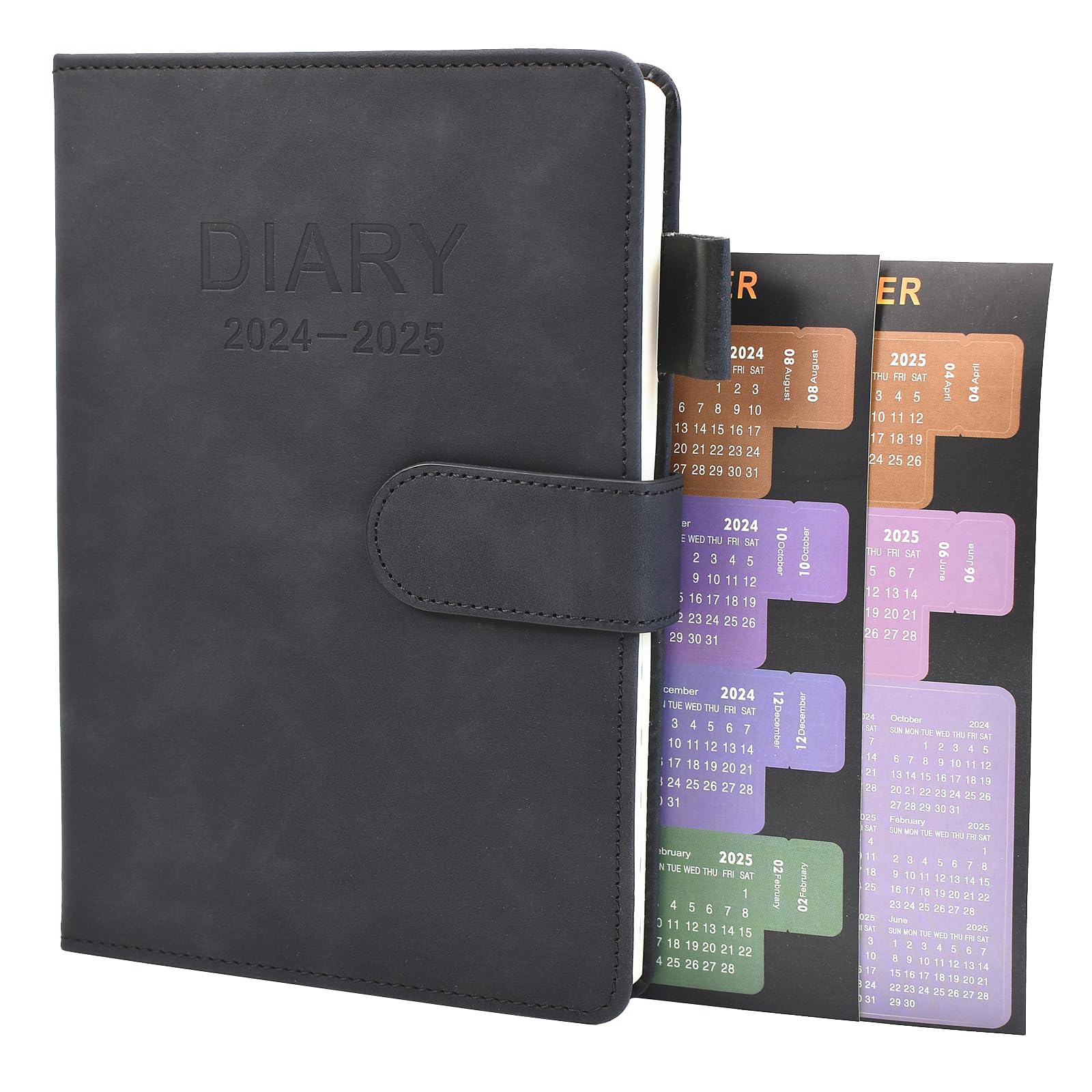 Academic Diary 2024-2025 A5 Day Per Page, Faux Leather 2024-2025 diary from Jul. 2024 to Jun.2025, Productivity A5 Daily Planner with Monthly Tabs Sticker, 2 Bookmark, Pen Loop and Inner Pocket（Black）