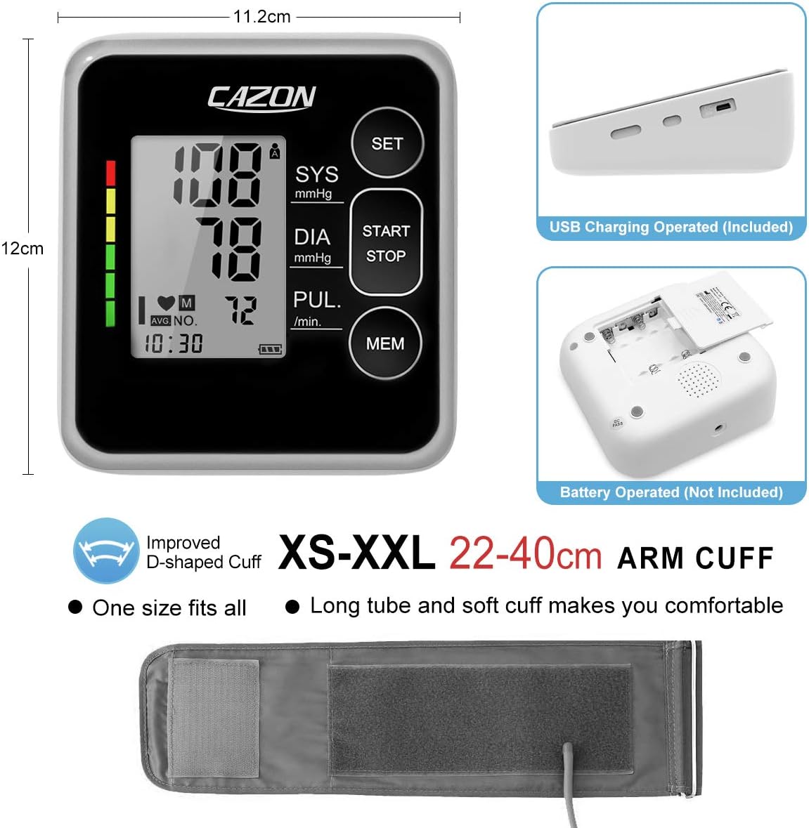 Blood pressure monitor dimensions, USB port, and battery compartment