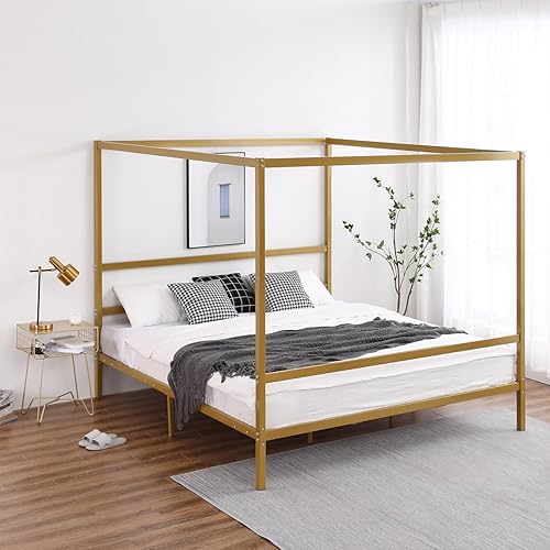 Miniatura 1 de Base de cama de plataforma con dosel de metal, base de colchón con dosel de cuatro pósteres con cabecera y estribo, estructura de listones