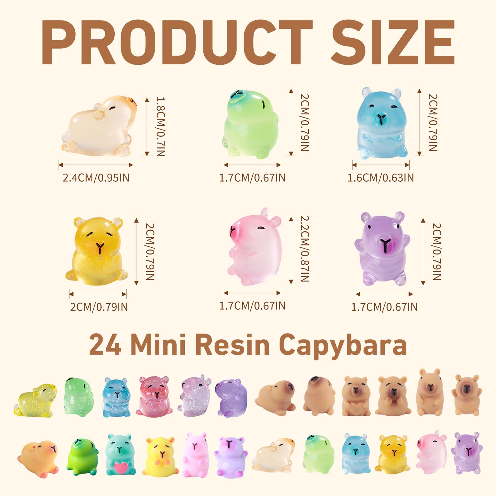 Resin Animals Capybara, 24 Pcs Mini Capybara Figures, 3 Styles with Classic, Glitter & Glow-in-the-Dark - Image 2