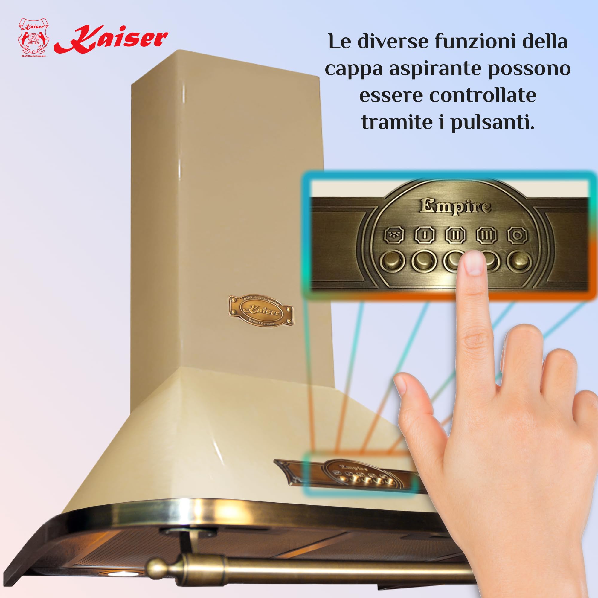 Kaiser Empire 9315 ElfEM Cappa Aspirante 90 cm Avorio Bronzo • Cappa a Parete in Stile Retrò • Motore 910 m³/h • Aspirazione e Ricircolo • Filtro Antigrasso in Metallo • incl. Filtro Carbone Attivo