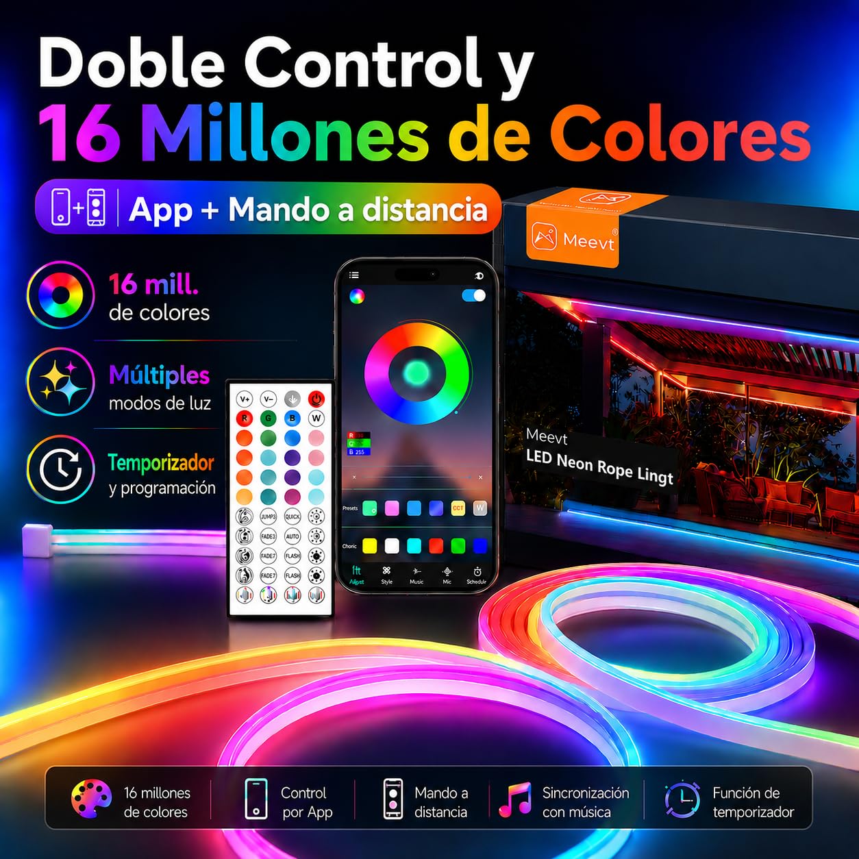 Meevt Tiras LED Exterior 20M, Luces Neón RGB 24V para Patio y Jardín | 72 LEDs/m, Tira Neon 20m, Ip65, Silicona Flexible, Control App Y Mando, Sincronizacion Musical, para Jardin, Patio, Fiesta
