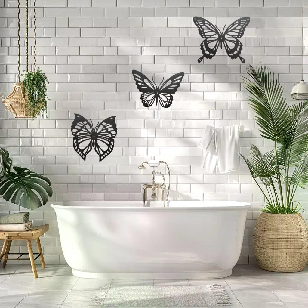 3 piezas de decoración de pared de mariposa de metal negro – Decoración versátil para exteriores e interiores para sala de estar, dormitorio y baño, tamaño grande 3
