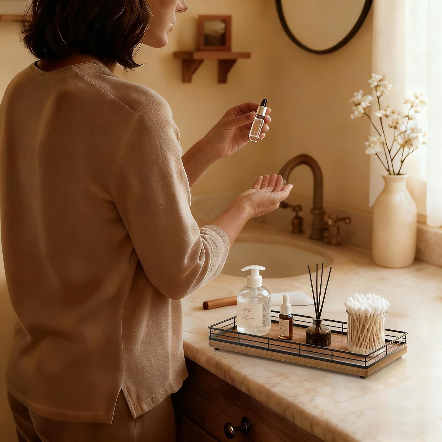 Bathroom Vanity Tray – 12" x 6" Acacia Decorative Wooden Tray for Toilet Tank Organizer Wood Tray for Bathroom Countertop, Soap, Perfume Accessories Storage, Vanity Dresser Decor Black & Acacia - Image 6