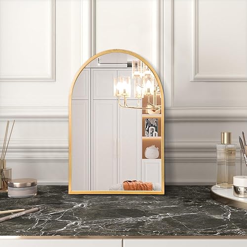 Miniatura 59 de Espejo de pared arqueado negro con marco de aleación de aluminio, espejo de baño de metal cepillado, espejo montado en la pared para sala de estar