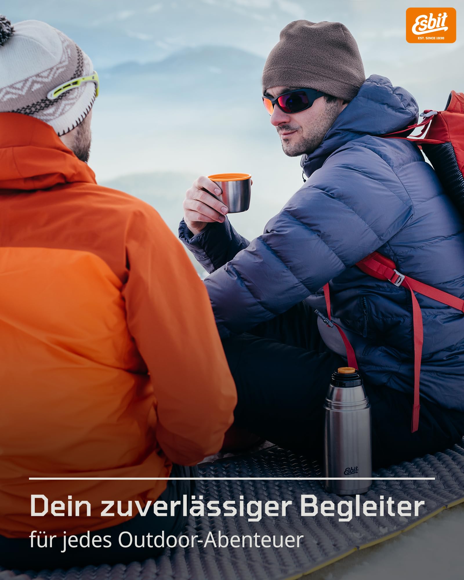 Esbit Classic Isolierflasche 1L - Thermoskanne für warm & kalt - Thermosflasche mit 2 Bechern - Trinkflasche Edelstahl - Auslaufsicher - Olivgrün