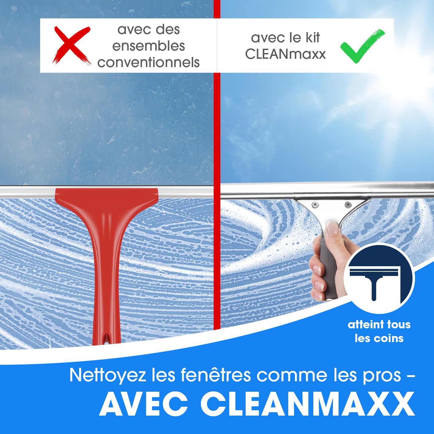 CLEANmaxx Profesjonalny zestaw do czyszczenia okien, 13-częściowy | profesjonalny zestaw do czyszczenia okien ze ściągaczem, do domu, samochodu itp. | łącznie z myjką do okien, wycieraczką do okien