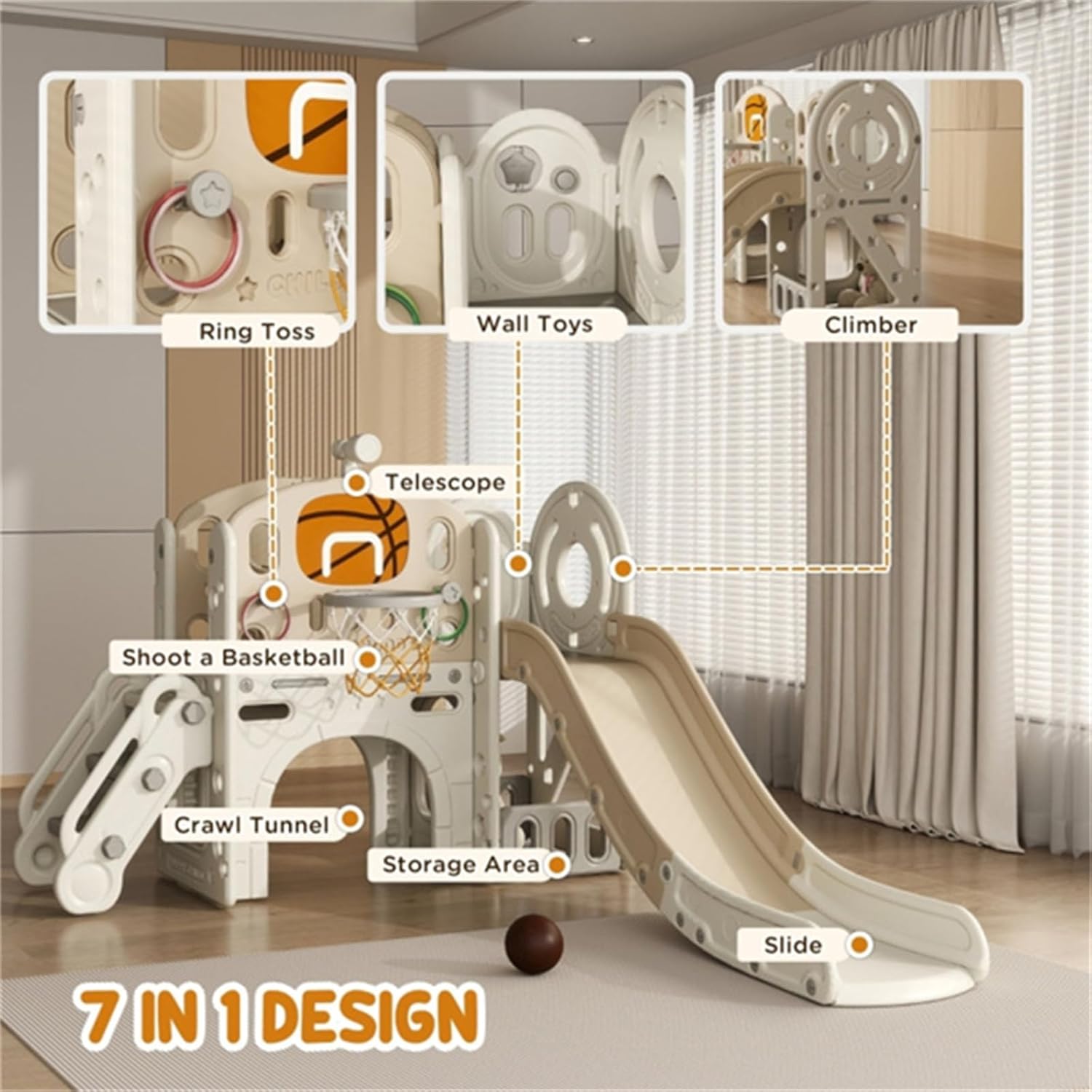 Children's Fun Slide Set with Tunnel Basketball Hoop Children's Slide Children's Indoor and Outdoor Entertainment Facilities Suitable for 1-6 Years Old Cream White