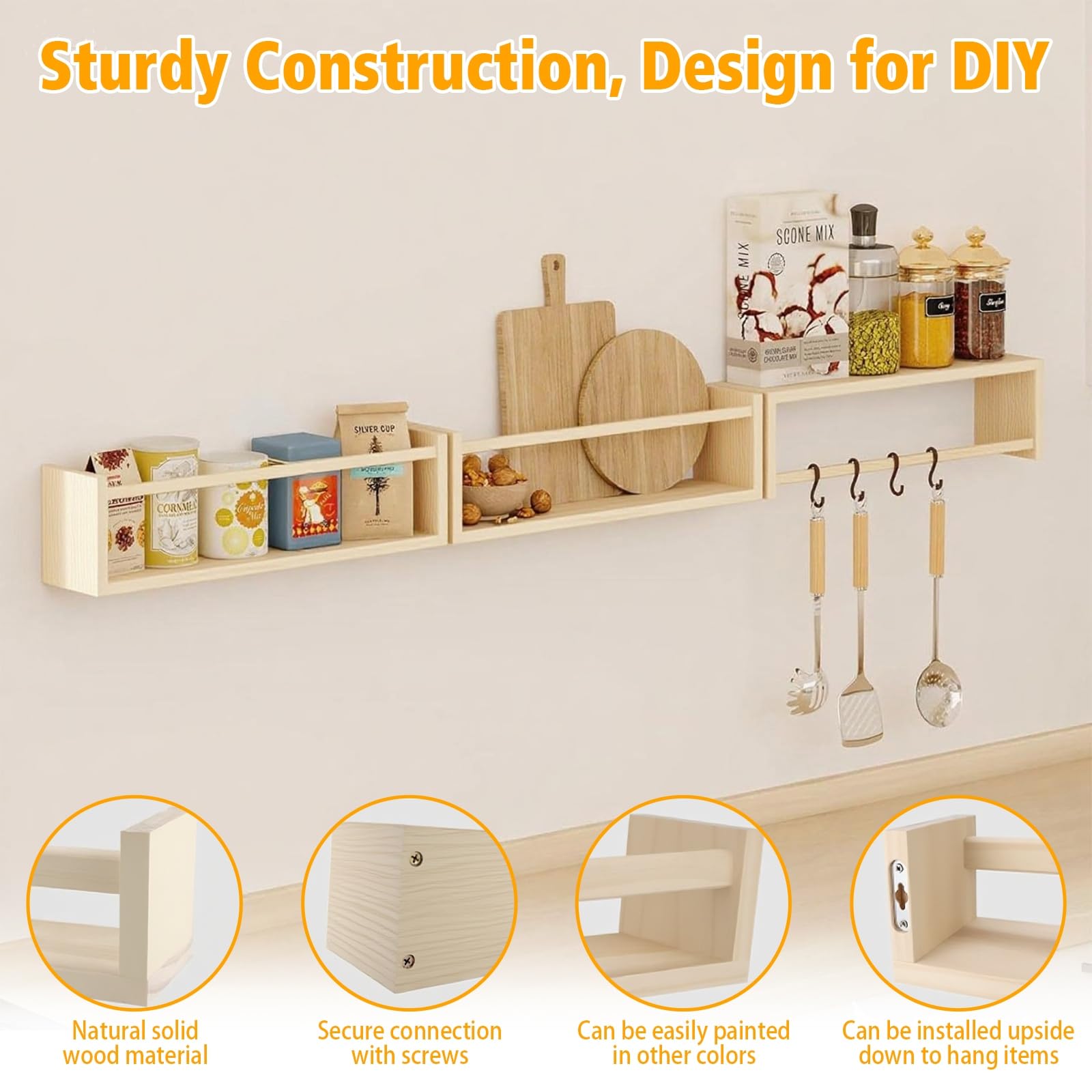 SOONHUA Estanteria Infantil Pared, Juego de 4 Estantes Flotantes de Madera, Estantes Pared de Madera Maciza, Baldas Flotantes para Libros y Juguetes, para Habitación Infantil