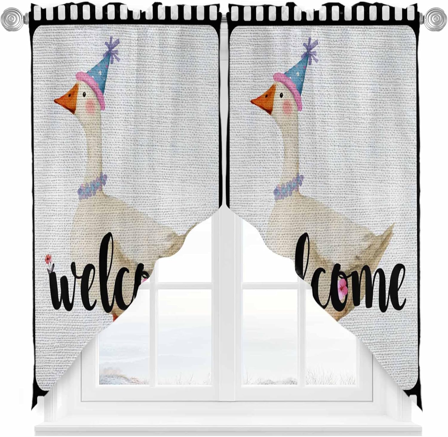 Welcome Duck Swag Curtains Funny Animal Duck in Flim Flowers Black Gray Swag Valances for Kitchen Windows, Window Treatment Topper Curtains for Living Room Bedroom Bathroom, 36" W x 63" L