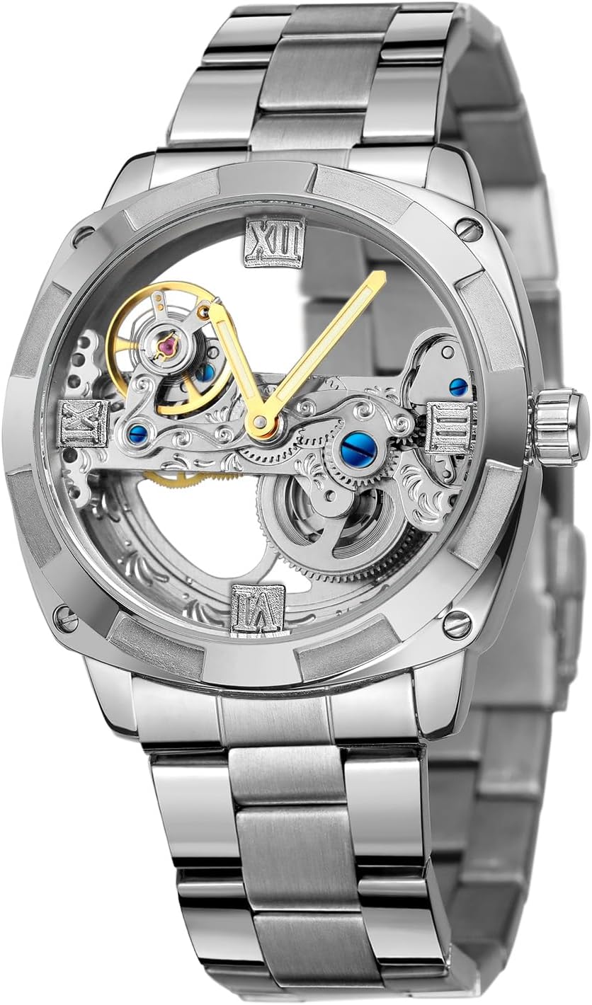 FORSINING Men's Trendy Steampunk Automatic Stainless Steel Silver Bracelet Watches for Various Occasions