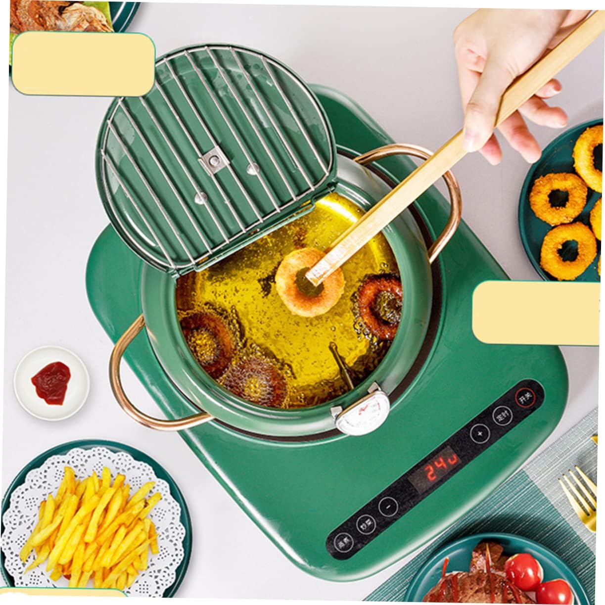 Healifty Japanese Style Stainless Steel Deep Fryer Pot with Temperature Control and Oil Drainer Nonstick Deep Frying Pan for Chicken Tempura French Fries Household Kitchen Cookware