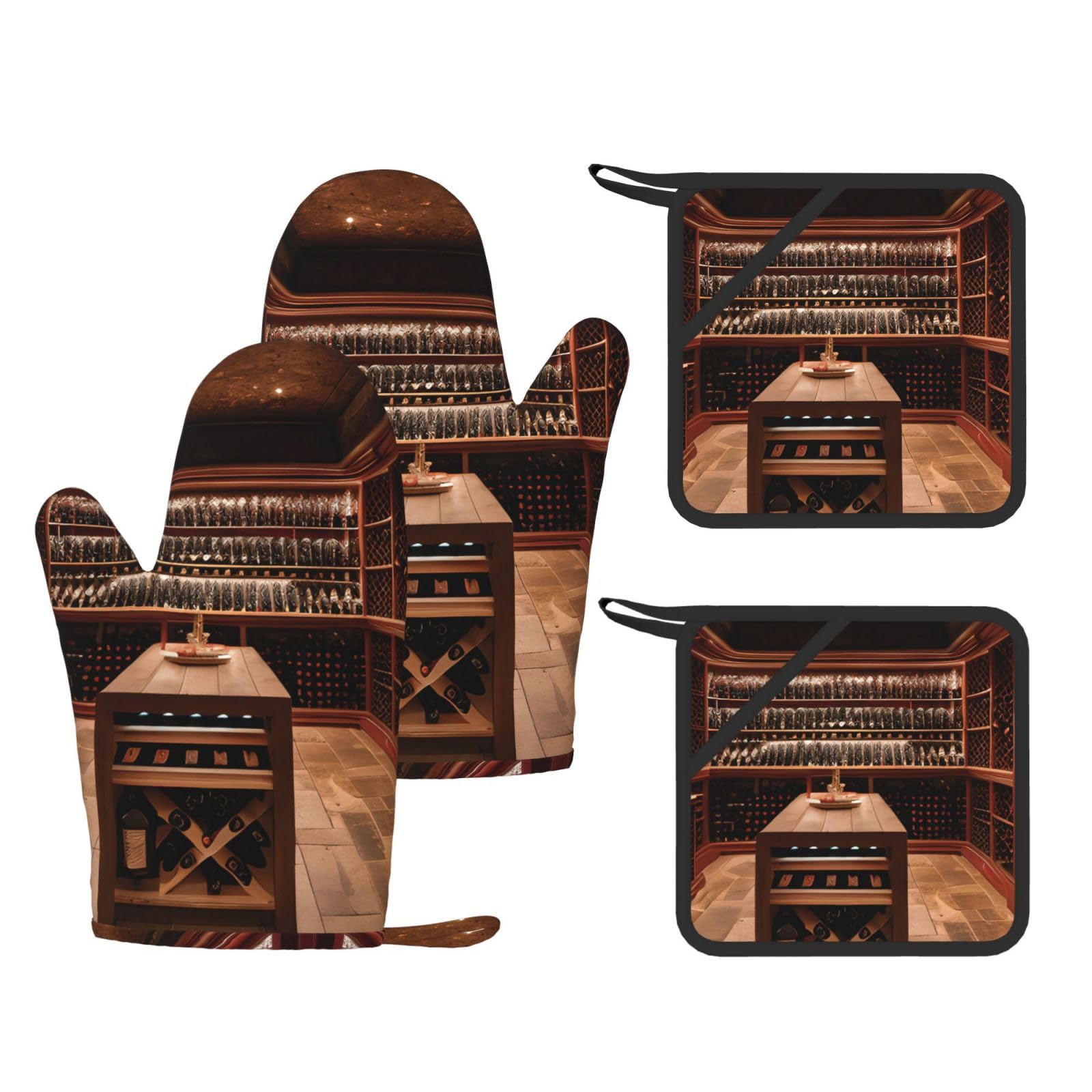 Gants résistants à la chaleur lot de 4 pour four et cuisine motif cave à vin rouge
